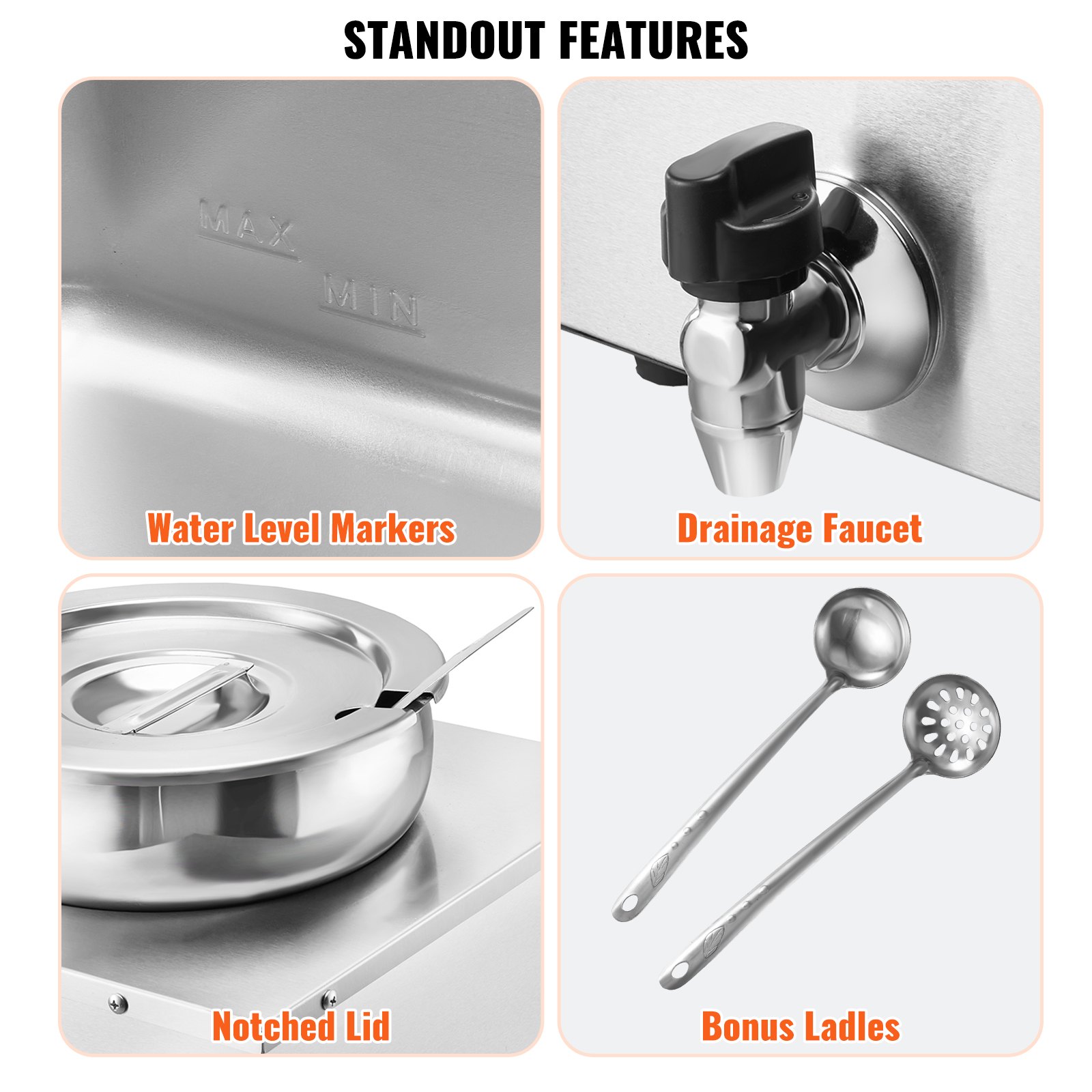VEVOR Podgrzewacz do żywności ze stali nierdzewnej, 1200 W, 2 pojemniki bufetowe o pojemności 8,1 l, φ180 x φ240 x 220 mm każdy, w zestawie pokrywka, kran spustowy i wskaźnik przypalenia, do stołówek, kawiarni, restauracji itp.