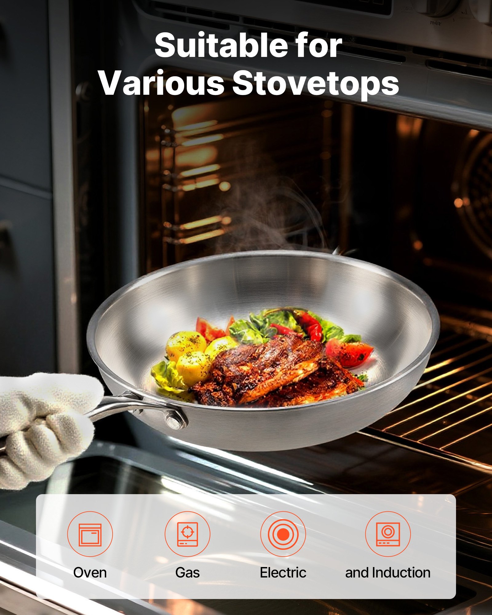 Zestaw patelni VEVOR 3-częściowy (24 / 28 / 32 cm), wytrzymała patelnia ze stali nierdzewnej z uchwytem odpornym na ciepło, patelnia do gotowania, naczynia kuchenne, odpowiednie do kuchenek gazowych, elektrycznych i indukcyjnych, kolor srebrny