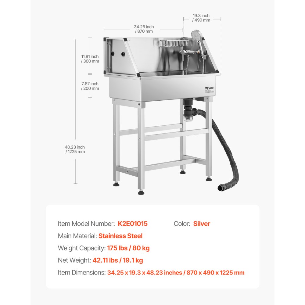 VEVOR Stacja do mycia psów ze stali nierdzewnej, wanna do pielęgnacji zwierząt 870x490x1225 mm z kranem, głowicą prysznicową, mydelniczką i piłkami do zabawy, wanna dla wielu psów, umywalka do użytku domowego