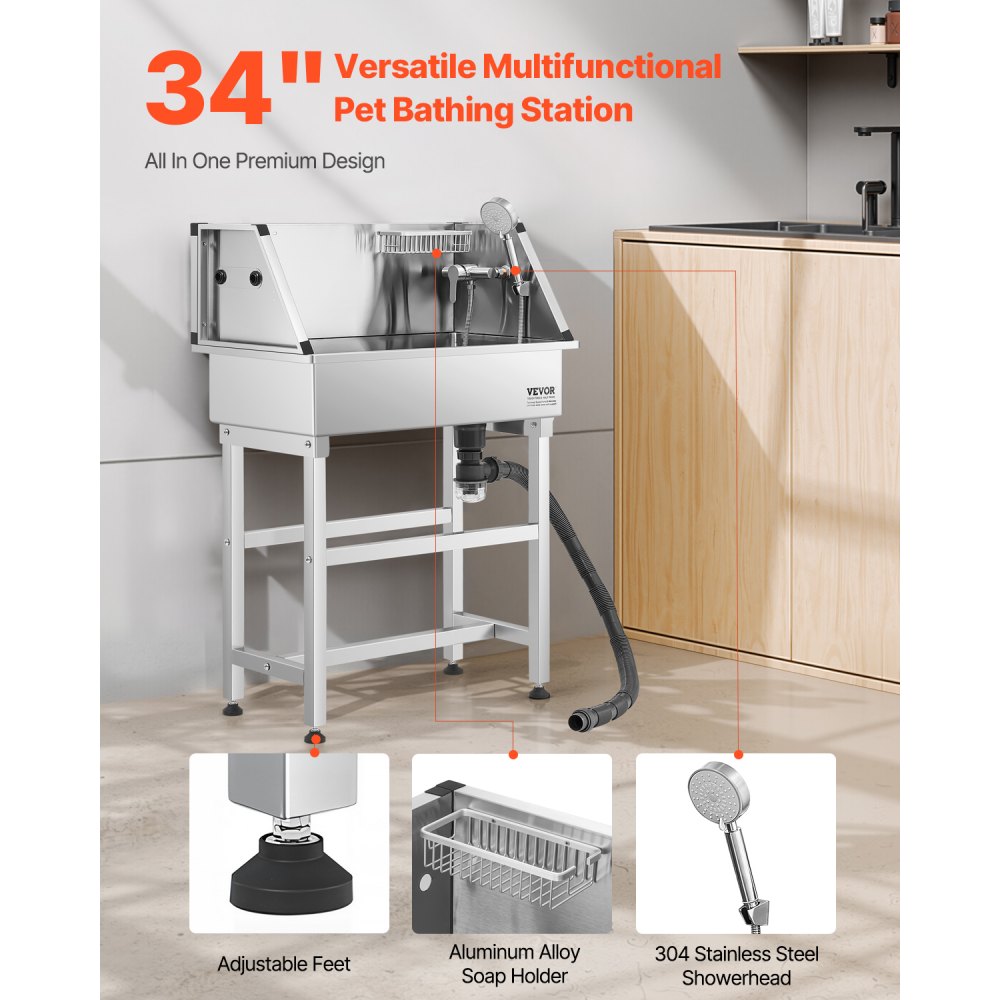 VEVOR Stacja do mycia psów ze stali nierdzewnej, wanna do pielęgnacji zwierząt 870x490x1225 mm z kranem, głowicą prysznicową, mydelniczką i piłkami do zabawy, wanna dla wielu psów, umywalka do użytku domowego