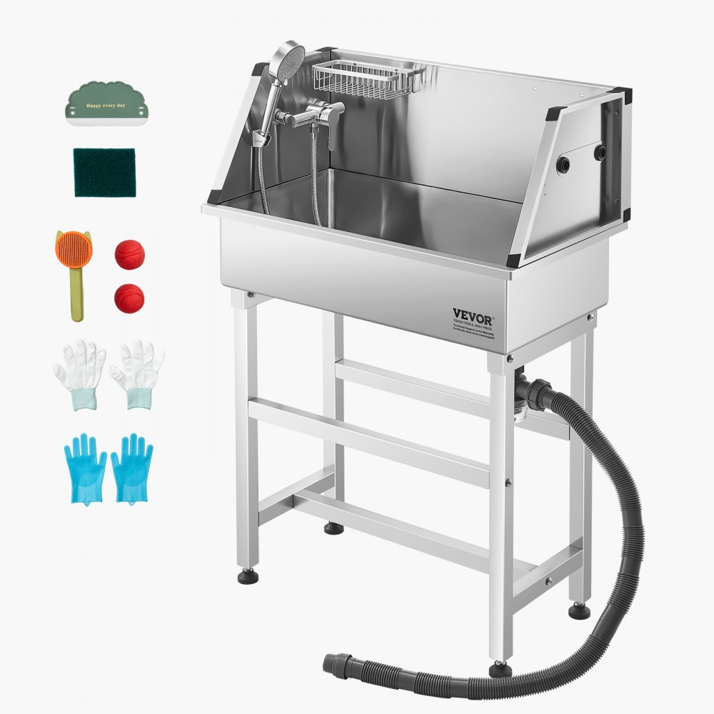 VEVOR Stacja do mycia psów ze stali nierdzewnej, wanna do pielęgnacji zwierząt 870x490x1225 mm z kranem, głowicą prysznicową, mydelniczką i piłkami do zabawy, wanna dla wielu psów, umywalka do użytku domowego