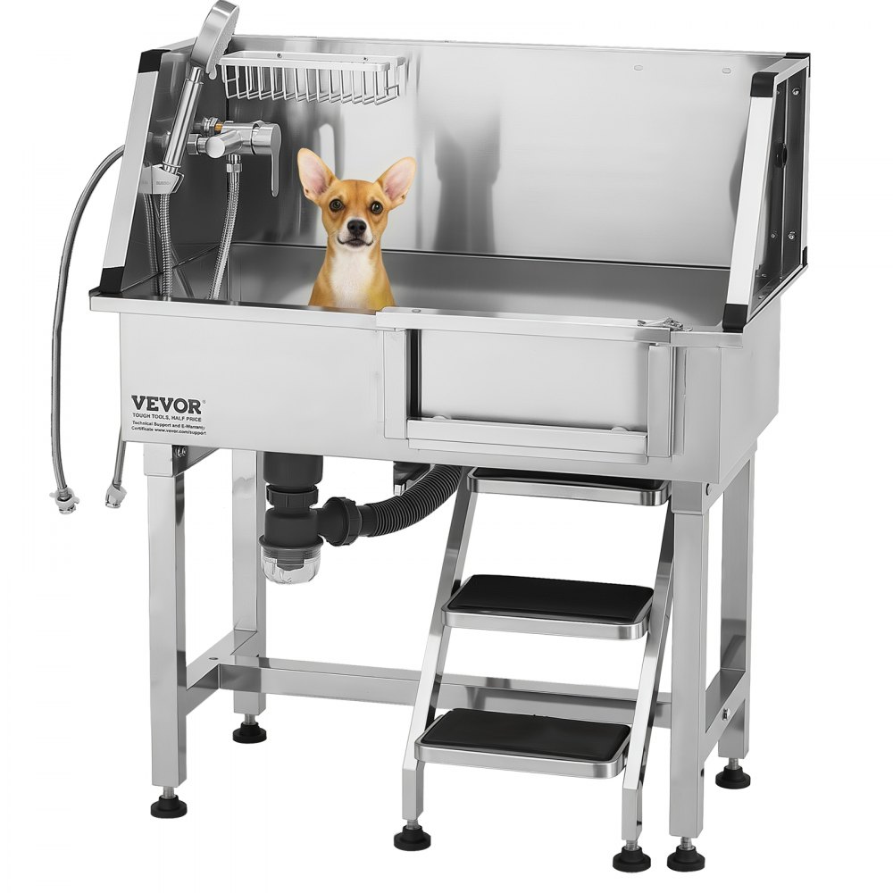 VEVOR Stacja do mycia psów ze stali nierdzewnej, wanna do pielęgnacji zwierząt 870x488x1025 mm ze schodkami do przechowywania, kranem, słuchawką prysznicową i uchwytem na mydło, wanna dla psów, dla średnich i małych zwierząt (drzwi prawe)