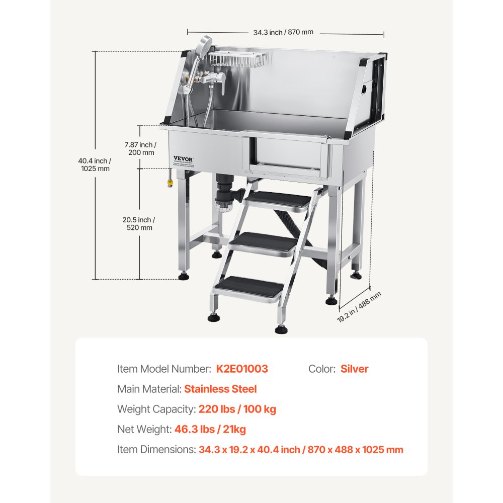 VEVOR Stacja do mycia psów ze stali nierdzewnej, wanna do pielęgnacji zwierząt 870x488x1025 mm ze schodkami do przechowywania, kranem, słuchawką prysznicową i uchwytem na mydło, wanna dla psów, dla średnich i małych zwierząt (drzwi prawe)