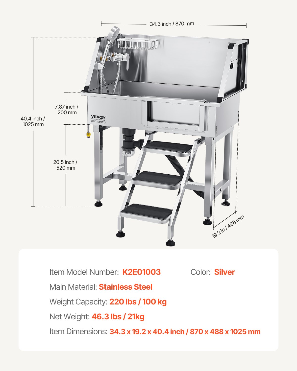 VEVOR Stacja do mycia psów ze stali nierdzewnej, wanna do pielęgnacji zwierząt 870x488x1025 mm ze schodkami do przechowywania, kranem, słuchawką prysznicową i uchwytem na mydło, wanna dla psów, dla średnich i małych zwierząt (drzwi prawe)