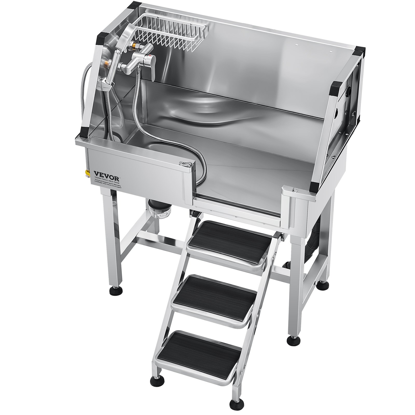 VEVOR Stacja do mycia psów ze stali nierdzewnej, wanna do pielęgnacji zwierząt 870x488x1025 mm ze schodkami do przechowywania, kranem, słuchawką prysznicową i uchwytem na mydło, wanna dla psów, dla średnich i małych zwierząt (drzwi prawe)