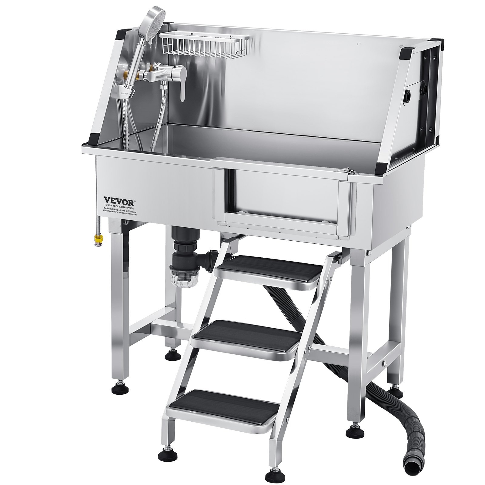 VEVOR Stacja do mycia psów ze stali nierdzewnej, wanna do pielęgnacji zwierząt 870x488x1025 mm ze schodkami do przechowywania, kranem, słuchawką prysznicową i uchwytem na mydło, wanna dla psów, dla średnich i małych zwierząt (drzwi prawe)