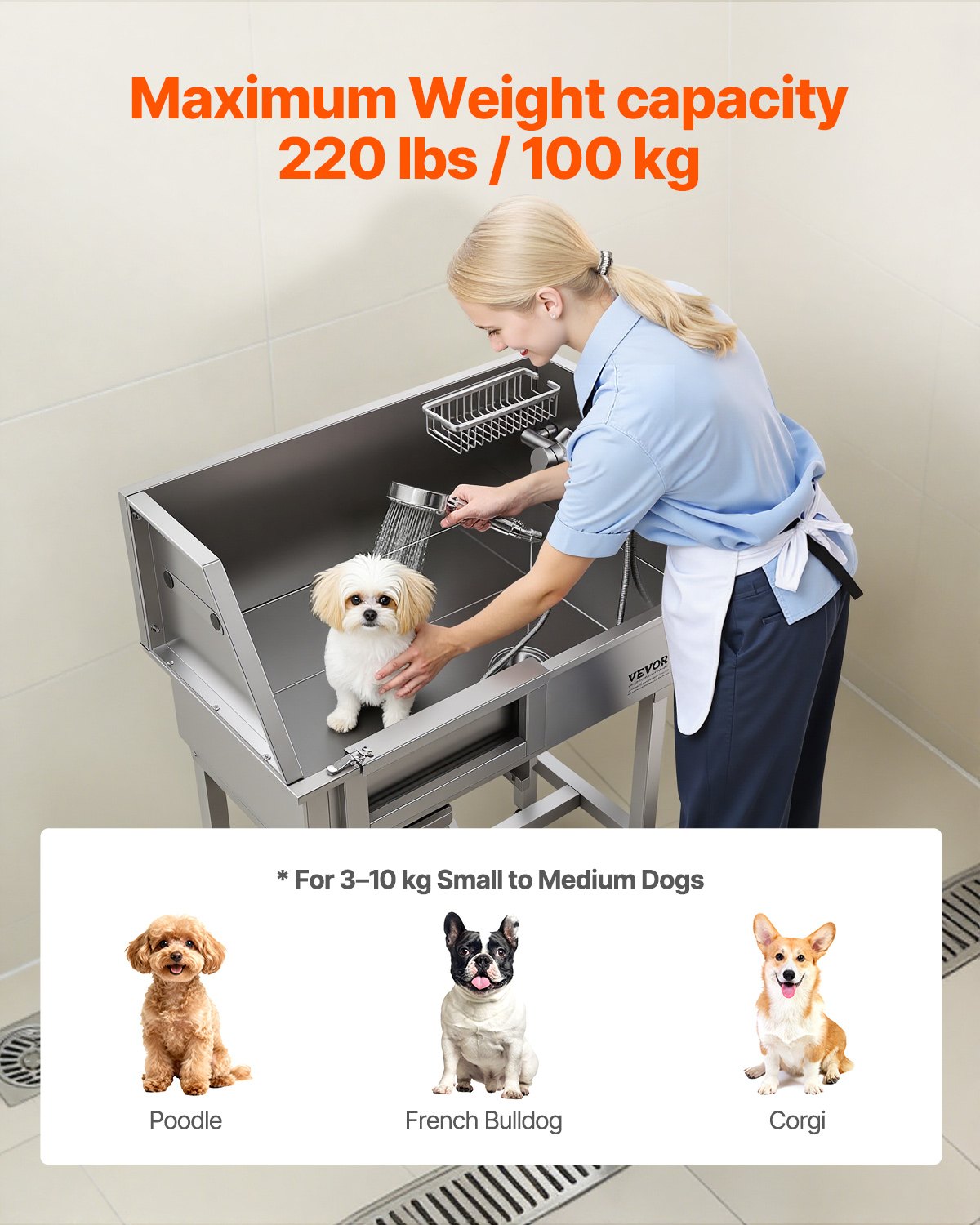 VEVOR Stacja do mycia psów ze stali nierdzewnej, 870x488x1118 mm, wanna do pielęgnacji zwierząt do 100 kg, z lewymi drzwiami przesuwnymi i schodkami, wanna dla zwierząt z odpływem, słuchawką prysznicową, mydelniczką dla średnich i małych zwierząt