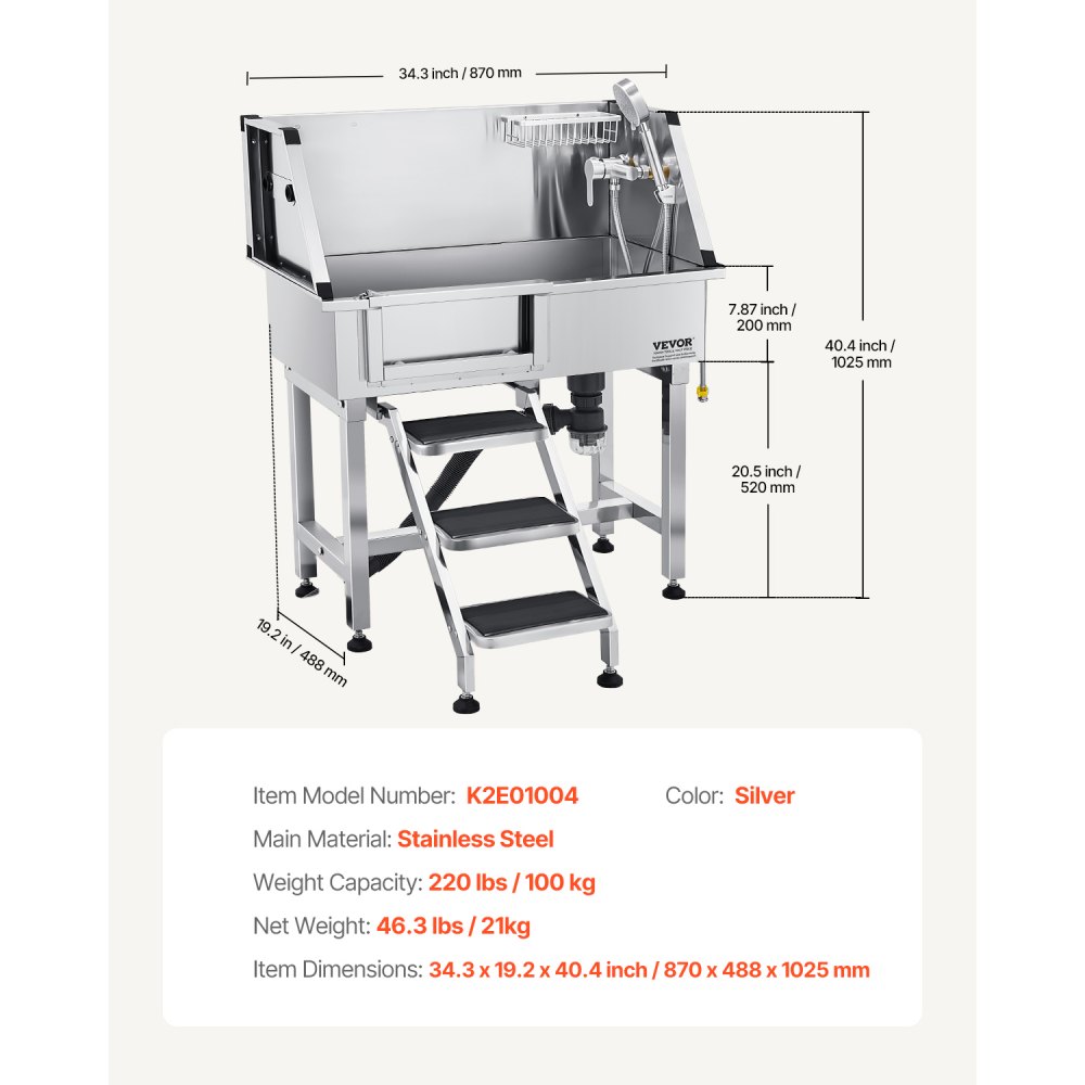 VEVOR Stacja do mycia psów ze stali nierdzewnej, wanna do pielęgnacji zwierząt 870x488x1025 mm ze schodkami do przechowywania, kranem, słuchawką prysznicową i uchwytem na mydło, wanna dla psów, dla średnich i małych zwierząt (lewe drzwi)