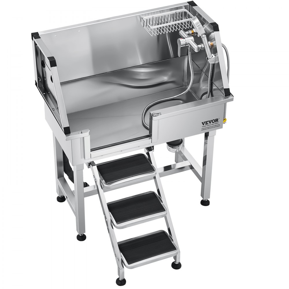 VEVOR Stacja do mycia psów ze stali nierdzewnej, wanna do pielęgnacji zwierząt 870x488x1025 mm ze schodkami do przechowywania, kranem, słuchawką prysznicową i uchwytem na mydło, wanna dla psów, dla średnich i małych zwierząt (lewe drzwi)