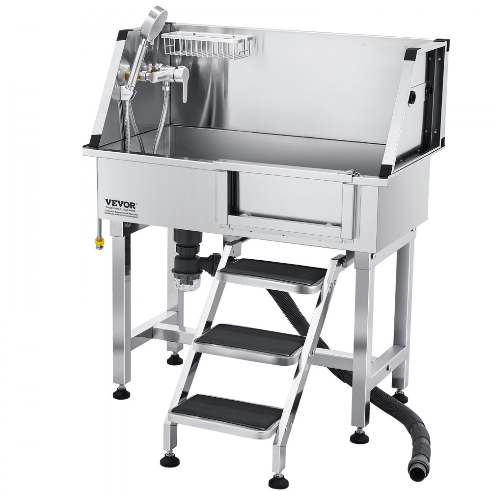 VEVOR Stacja do mycia psów ze stali nierdzewnej, wanna do pielęgnacji zwierząt 870x488x1025 mm ze schodkami do przechowywania, kranem, słuchawką prysznicową i uchwytem na mydło, wanna dla psów, dla średnich i małych zwierząt (lewe drzwi)