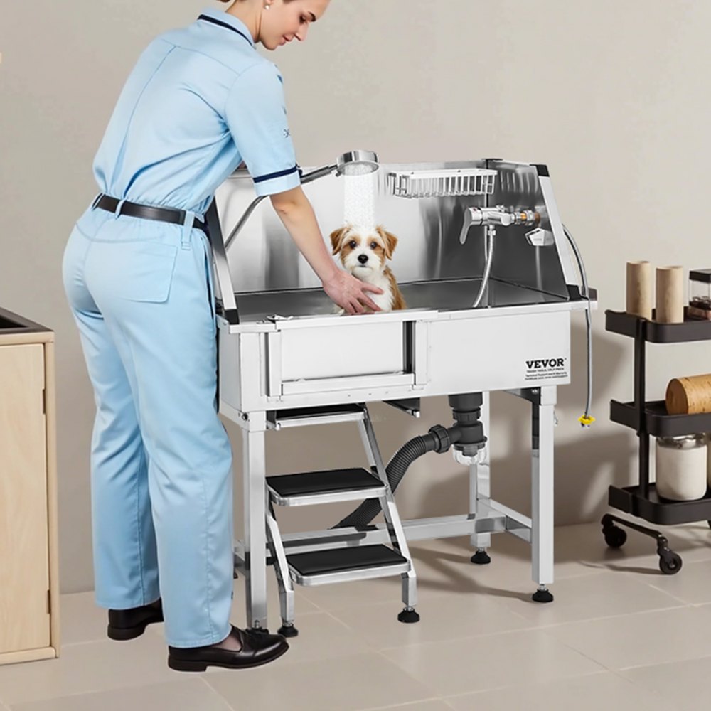 VEVOR Stainless Steel Dog Washing Station, 870x488x1025 mm Pet Care Bathtub with Shelf, Faucet, Shower Head & Soap Holder, Dog Bathtub, for Medium & Small Pets (Left Door)