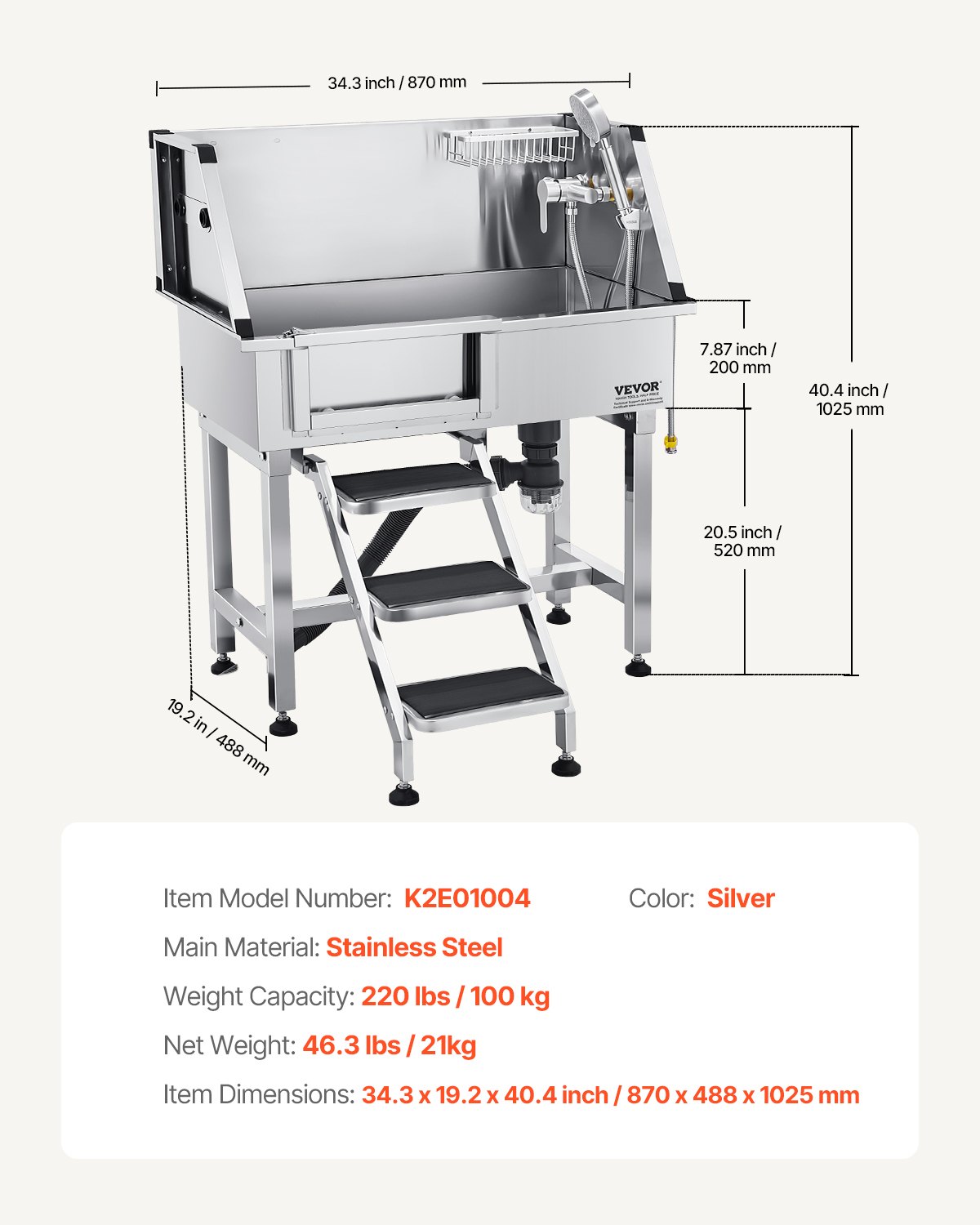 VEVOR Stacja do mycia psów ze stali nierdzewnej, wanna do pielęgnacji zwierząt 870x488x1025 mm ze schodkami do przechowywania, kranem, słuchawką prysznicową i uchwytem na mydło, wanna dla psów, dla średnich i małych zwierząt (lewe drzwi)