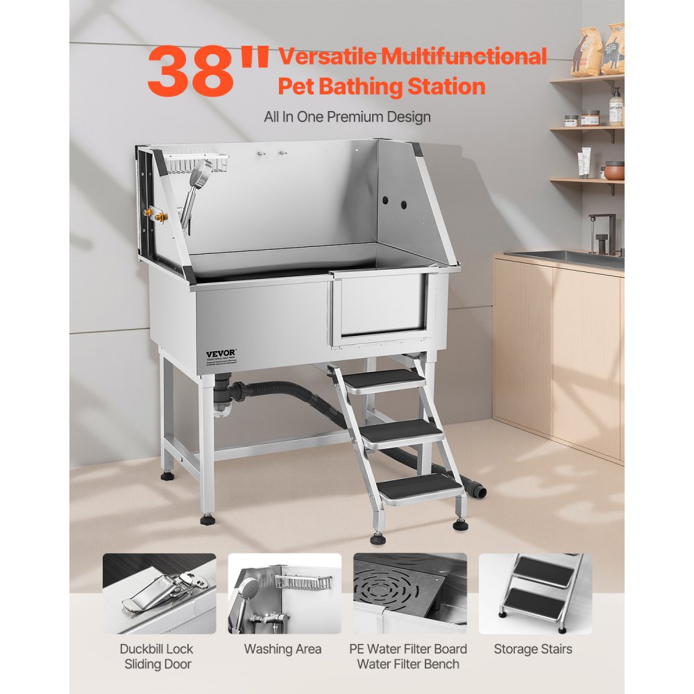 VEVOR Stacja do mycia psów ze stali nierdzewnej, wanna do pielęgnacji zwierząt 961x620x1220 mm ze schodkami do przechowywania, kranem, słuchawką prysznicową i uchwytem na mydło, dla dużych, średnich i małych zwierząt (drzwi prawe)