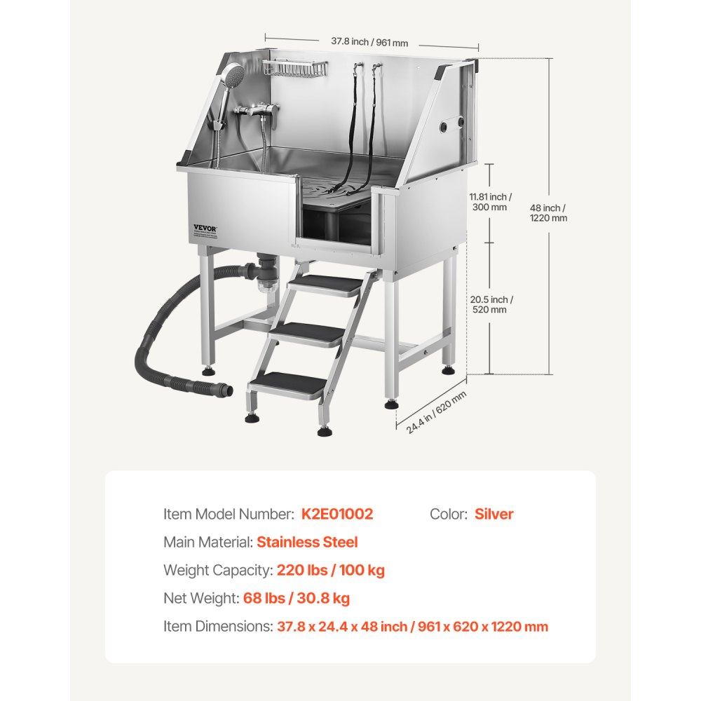 VEVOR Stacja do mycia psów ze stali nierdzewnej, wanna do pielęgnacji zwierząt 961x620x1220 mm ze schodkami do przechowywania, kranem, słuchawką prysznicową i uchwytem na mydło, dla dużych, średnich i małych zwierząt (drzwi prawe)