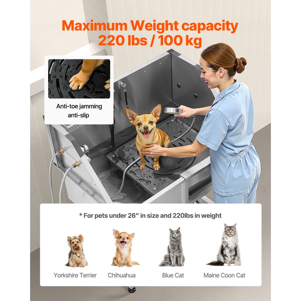 VEVOR Stainless Steel Dog Washing Station, 961x620x1220 mm Pet Grooming Bath with Shelf, Faucet, Shower Head & Soap Holder, for Large, Medium & Small Pets (Right Door)