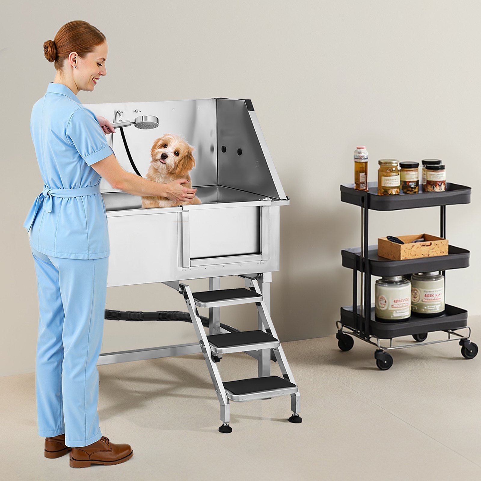 VEVOR Stacja do mycia psów ze stali nierdzewnej, wanna do pielęgnacji zwierząt 961x620x1220 mm ze schodkami do przechowywania, kranem, słuchawką prysznicową i uchwytem na mydło, dla dużych, średnich i małych zwierząt (drzwi prawe)