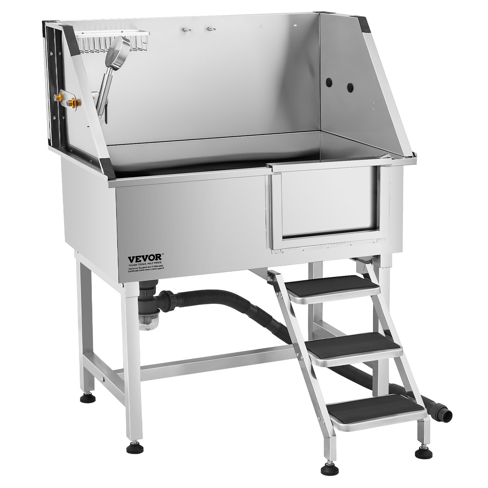VEVOR Stacja do mycia psów ze stali nierdzewnej, wanna do pielęgnacji zwierząt 961x620x1220 mm ze schodkami do przechowywania, kranem, słuchawką prysznicową i uchwytem na mydło, dla dużych, średnich i małych zwierząt (drzwi prawe)
