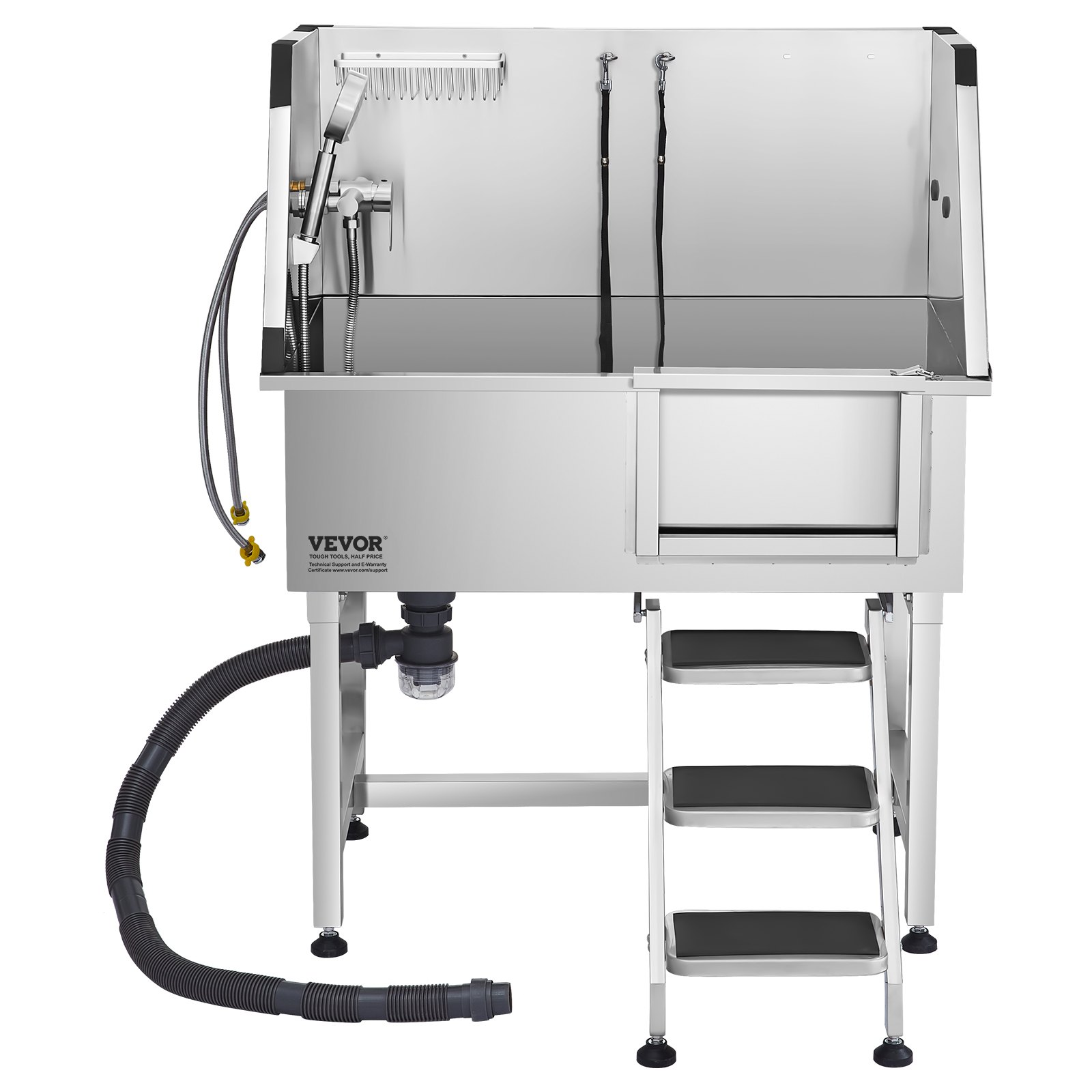 VEVOR Stacja do mycia psów ze stali nierdzewnej, wanna do pielęgnacji zwierząt 961x620x1220 mm ze schodkami do przechowywania, kranem, słuchawką prysznicową i uchwytem na mydło, dla dużych, średnich i małych zwierząt (drzwi prawe)