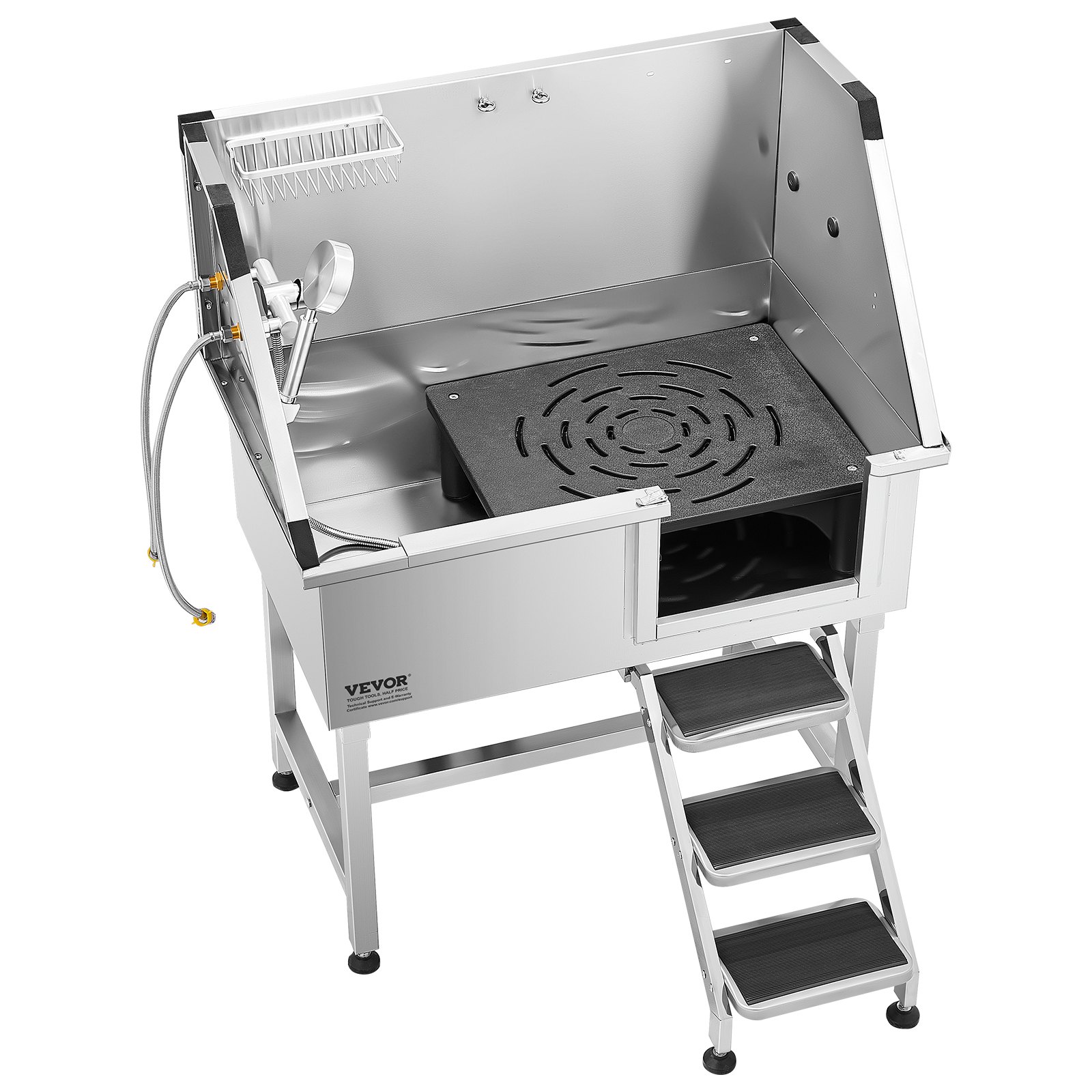 VEVOR Stacja do mycia psów ze stali nierdzewnej, wanna do pielęgnacji zwierząt 961x620x1220 mm ze schodkami do przechowywania, kranem, słuchawką prysznicową i uchwytem na mydło, dla dużych, średnich i małych zwierząt (drzwi prawe)