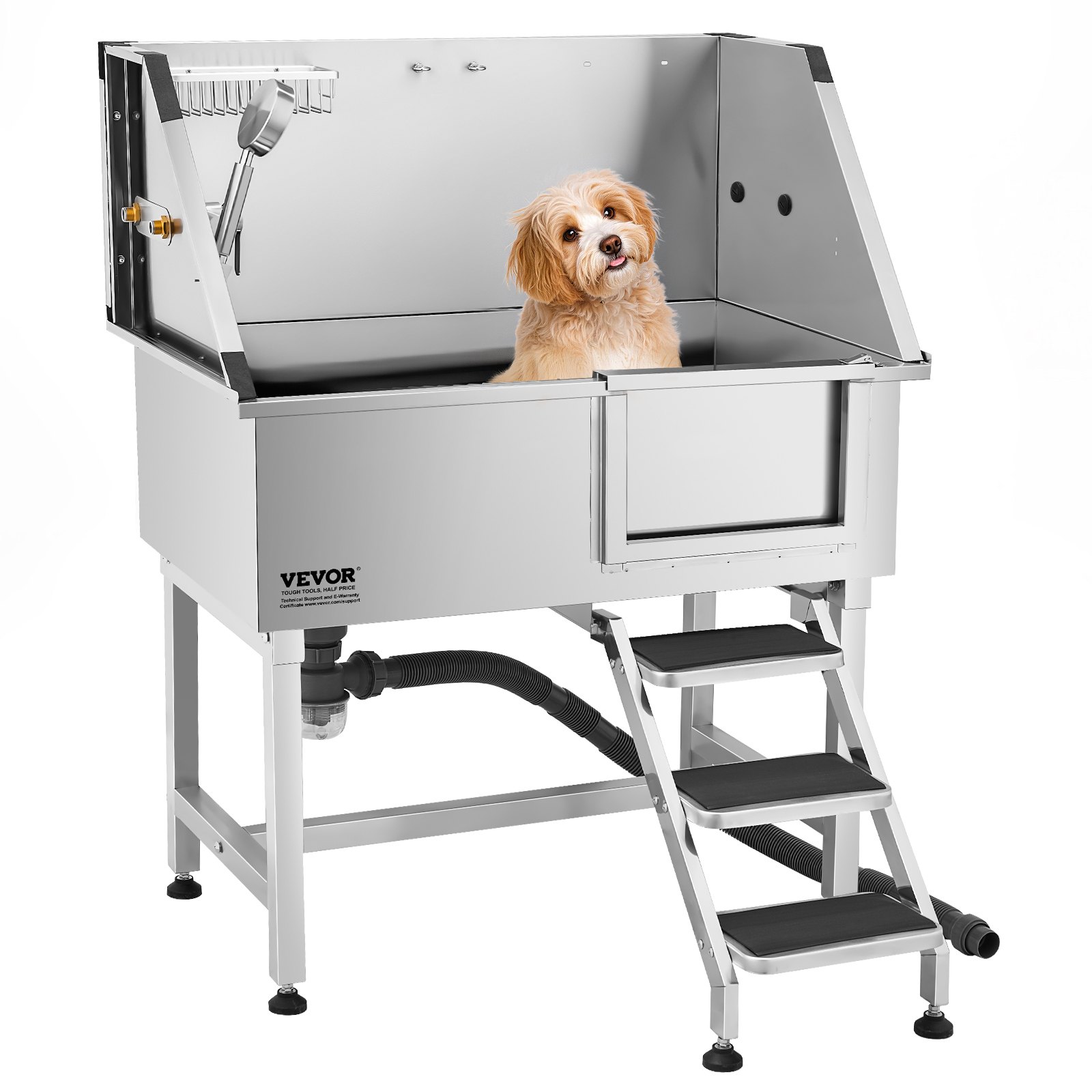 VEVOR Stainless Steel Dog Washing Station, 961x620x1220 mm Pet Grooming Bath with Shelf, Faucet, Shower Head & Soap Holder, for Large, Medium & Small Pets (Right Door)