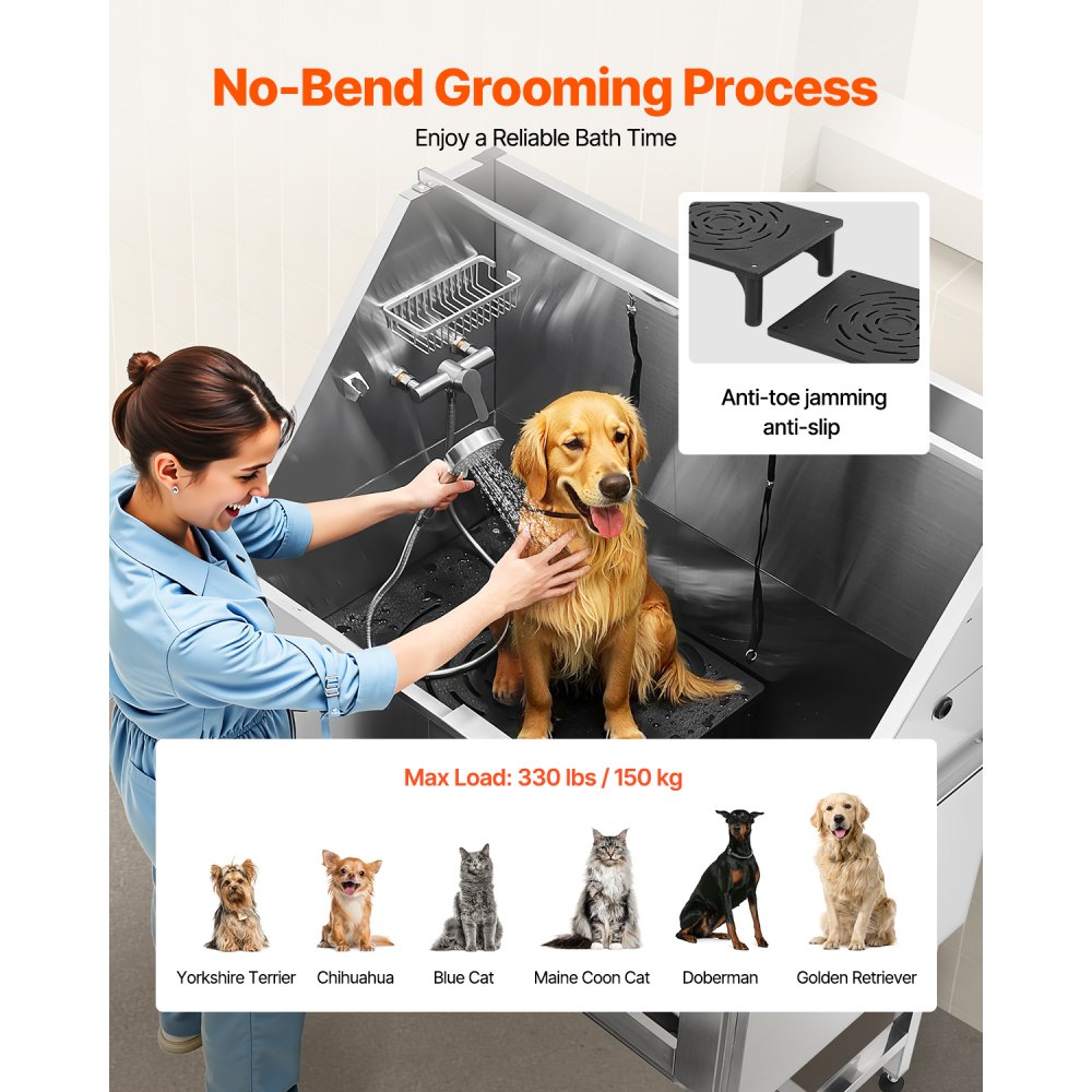 VEVOR Stainless Steel Dog Washing Station, 1270x700x1545mm Pet Grooming Tub with Steps, PE Water Filter Plate, Faucet, Shower Head & Soap Holder, for Large, Medium & Small Pets (Right Door)