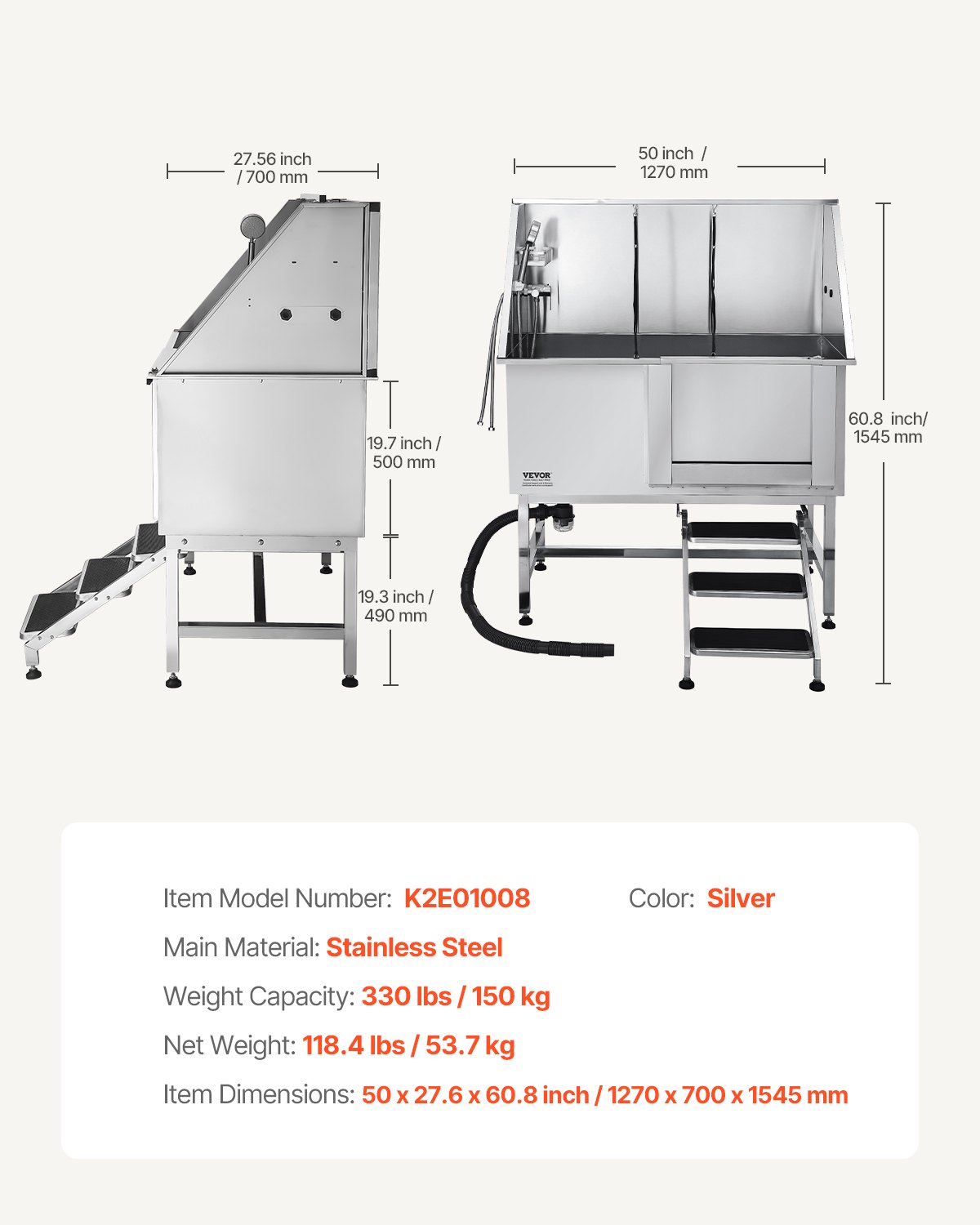 VEVOR Stainless Steel Dog Washing Station, 1270x700x1545mm Pet Grooming Tub with Steps, PE Water Filter Plate, Faucet, Shower Head & Soap Holder, for Large, Medium & Small Pets (Right Door)