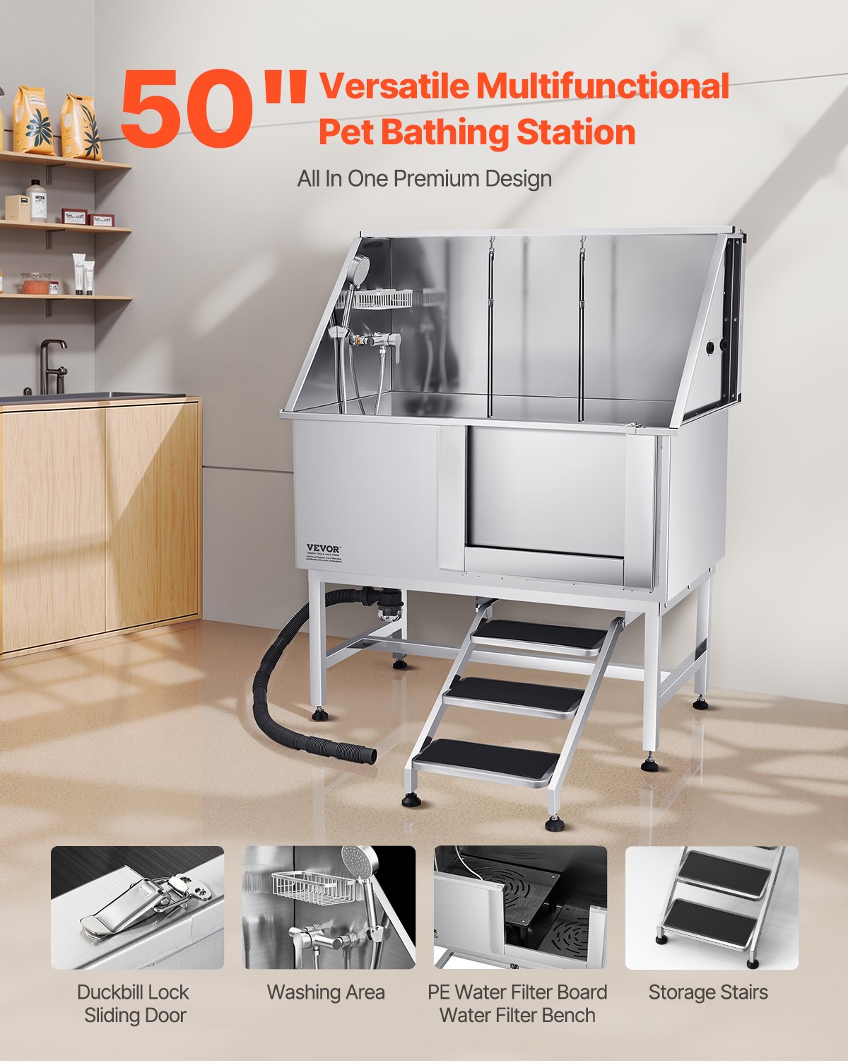VEVOR Stainless Steel Dog Washing Station, 1270x700x1545mm Pet Grooming Tub with Steps, PE Water Filter Plate, Faucet, Shower Head & Soap Holder, for Large, Medium & Small Pets (Right Door)