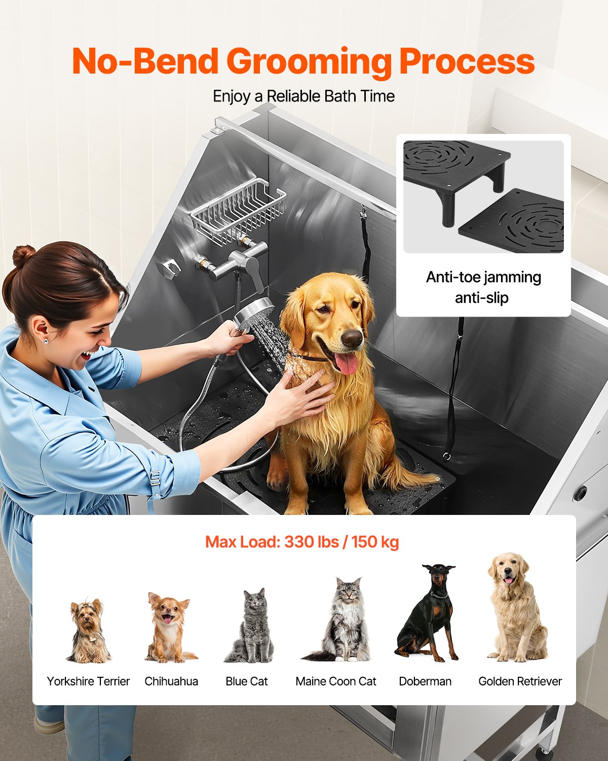 VEVOR Stainless Steel Dog Washing Station, 1270x700x1545mm Pet Grooming Tub with Steps, PE Water Filter Plate, Faucet, Shower Head & Soap Holder, for Large, Medium & Small Pets (Right Door)