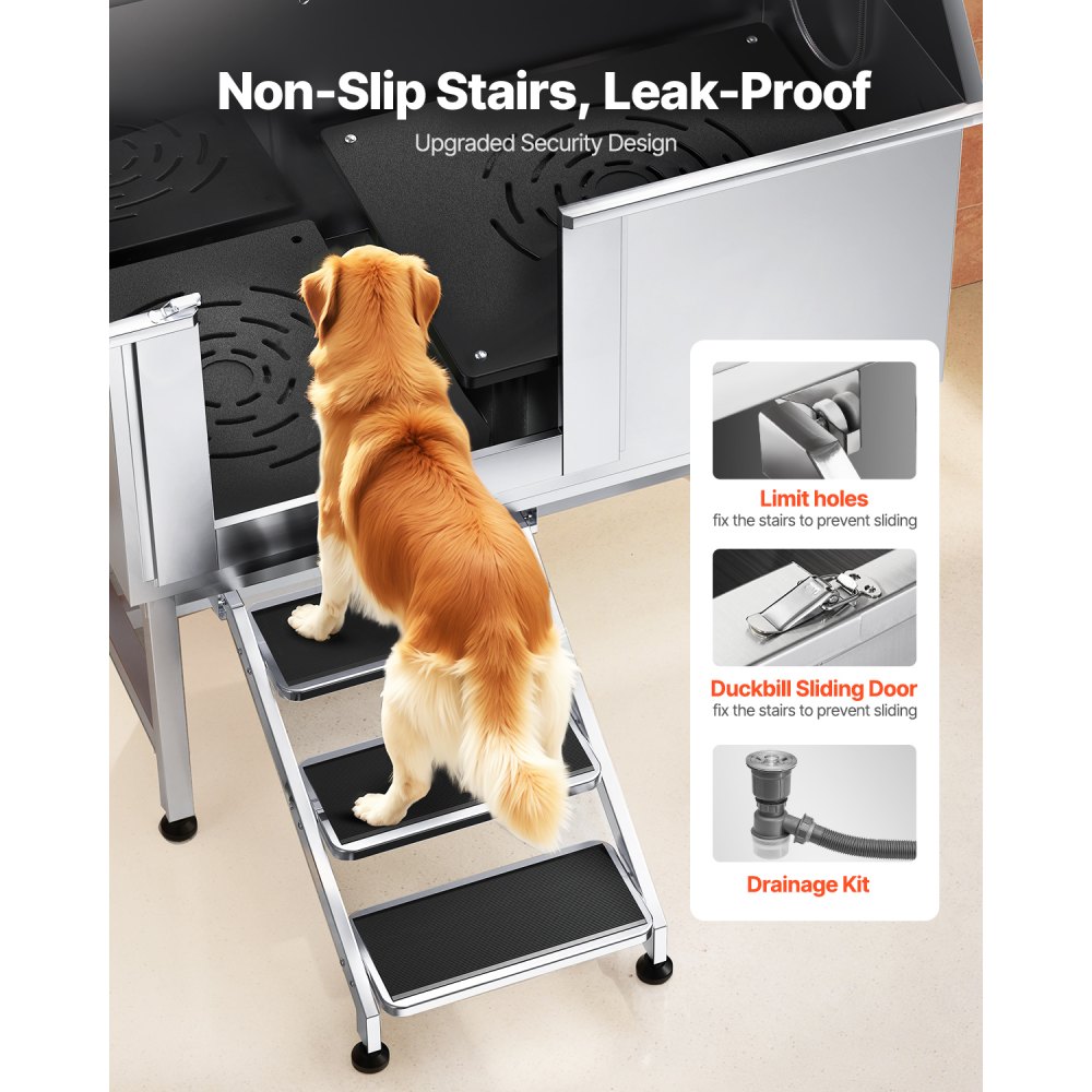 VEVOR Stainless Steel Dog Washing Station, 1270x700x1545 mm Pet Grooming Tub with Steps, PE Water Filter Plate, Faucet, Shower Head & Soap Holder, for Large, Medium & Small Pets (Left Door)