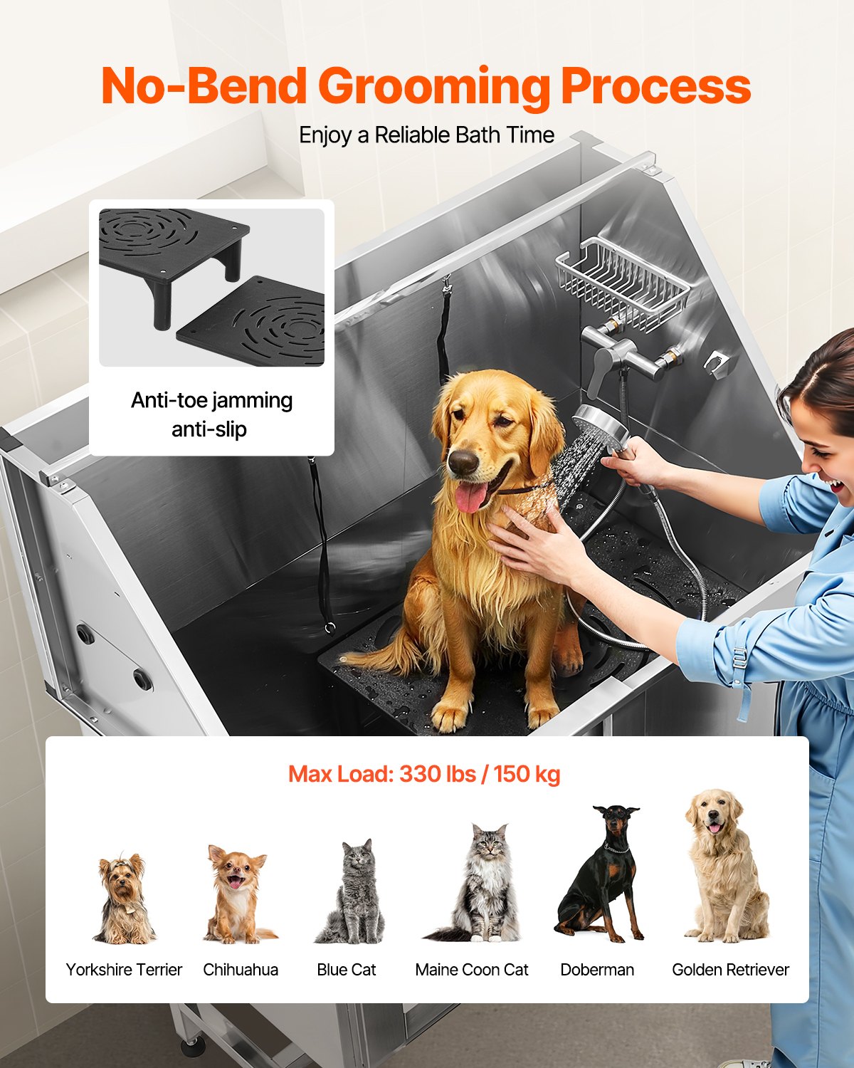 VEVOR Stainless Steel Dog Washing Station, 1270x700x1545 mm Pet Grooming Tub with Steps, PE Water Filter Plate, Faucet, Shower Head & Soap Holder, for Large, Medium & Small Pets (Left Door)