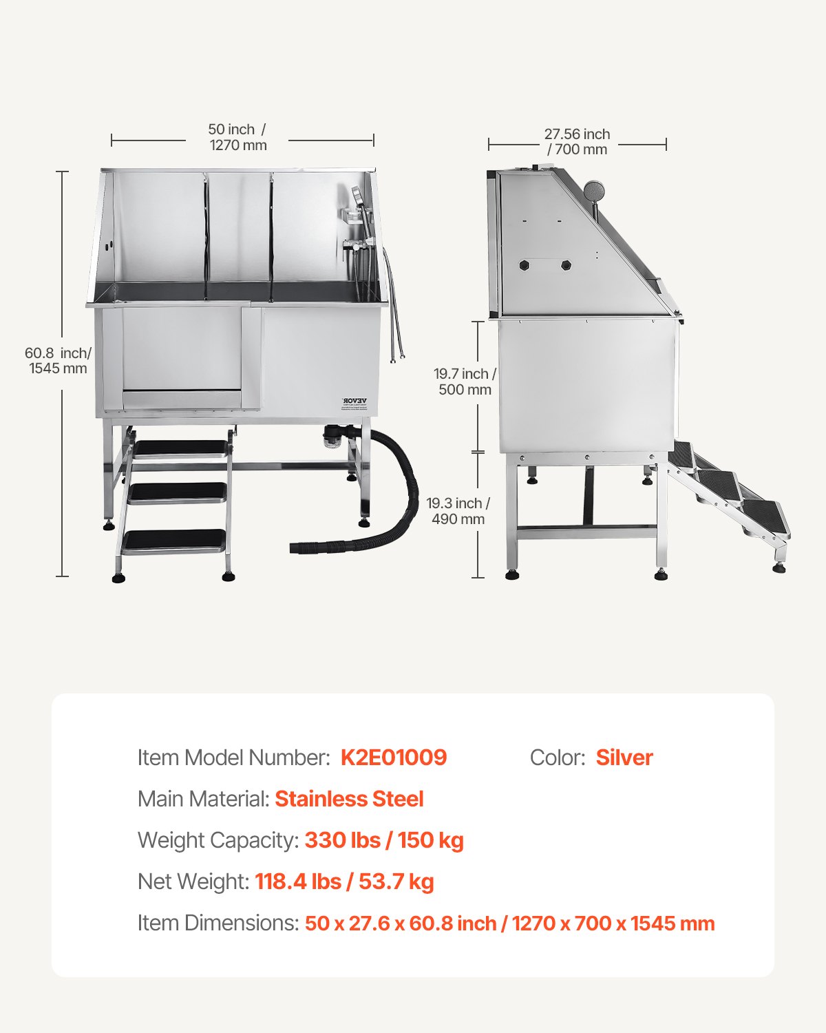 VEVOR Stainless Steel Dog Washing Station, 1270x700x1545 mm Pet Grooming Tub with Steps, PE Water Filter Plate, Faucet, Shower Head & Soap Holder, for Large, Medium & Small Pets (Left Door)