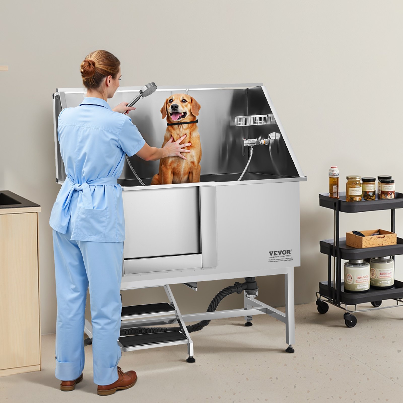 VEVOR Stainless Steel Dog Washing Station, 1270x700x1545 mm Pet Grooming Tub with Steps, PE Water Filter Plate, Faucet, Shower Head & Soap Holder, for Large, Medium & Small Pets (Left Door)