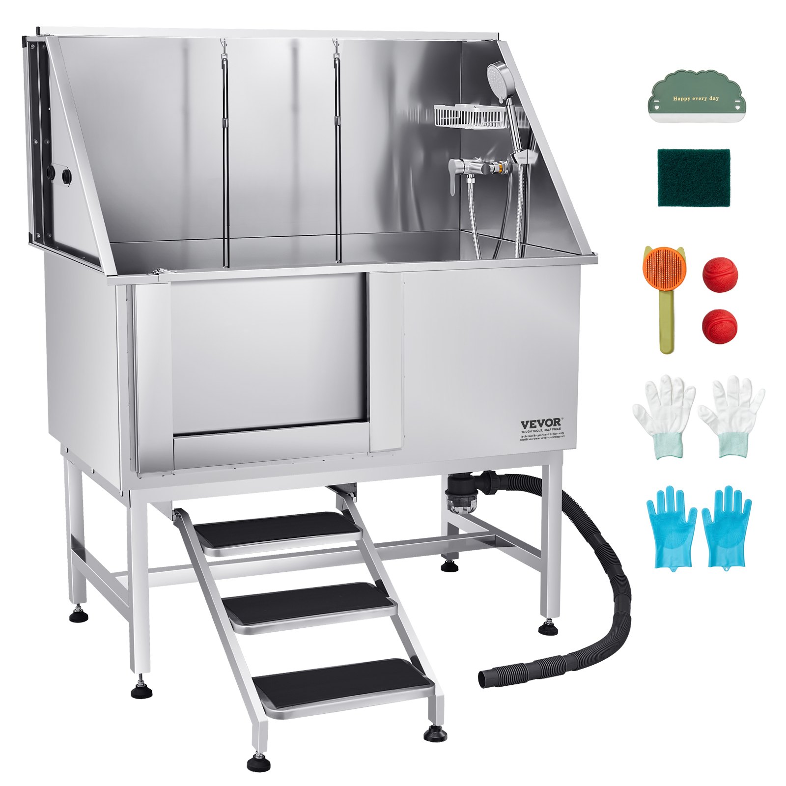 VEVOR Stainless Steel Dog Washing Station, 1270x700x1545 mm Pet Grooming Tub with Steps, PE Water Filter Plate, Faucet, Shower Head & Soap Holder, for Large, Medium & Small Pets (Left Door)