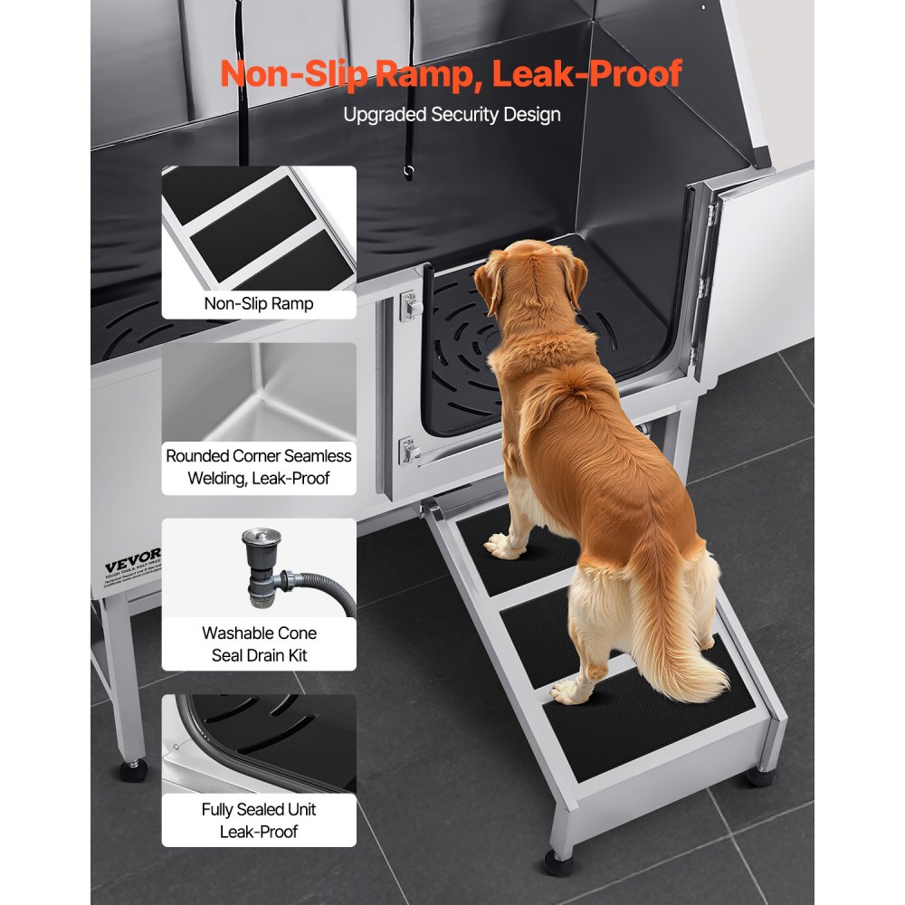 VEVOR Stainless Steel Dog Washing Station, 1270x580x1495 mm Pet Grooming Tub with Ramp, PE Water Filter Plate, Faucet, Shower Head & Soap Holder, for Large, Medium & Small Pets (Right Door)