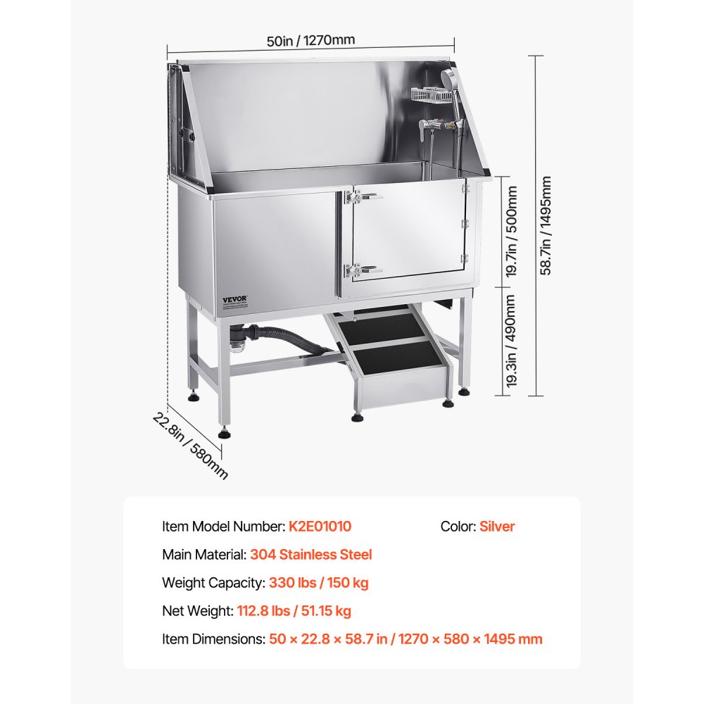 VEVOR Stainless Steel Dog Washing Station, 1270x580x1495 mm Pet Grooming Tub with Ramp, PE Water Filter Plate, Faucet, Shower Head & Soap Holder, for Large, Medium & Small Pets (Right Door)