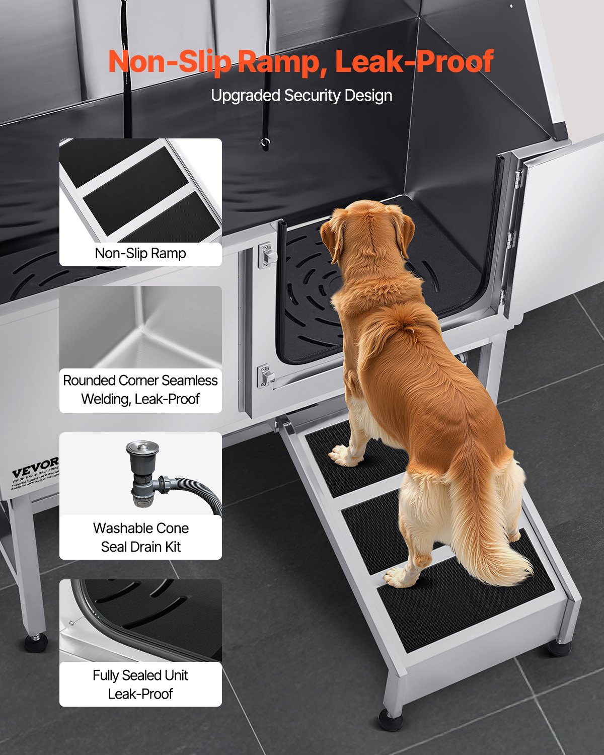 VEVOR Stainless Steel Dog Washing Station, 1270x580x1495 mm Pet Grooming Tub with Ramp, PE Water Filter Plate, Faucet, Shower Head & Soap Holder, for Large, Medium & Small Pets (Right Door)