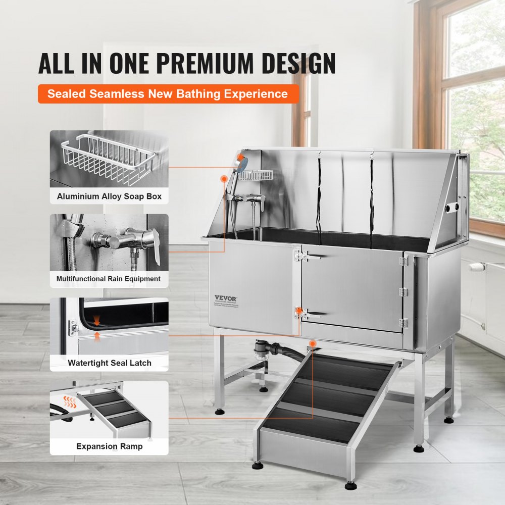 VEVOR Profesjonalna wanna do pielęgnacji psów 1270 mm ze stali nierdzewnej, stanowisko do mycia psów, prysznic do pielęgnacji psów 150 kg, system mycia psów, wanna do pielęgnacji zwierząt z drzwiami po prawej stronie, prysznic dla psów, wanna do mycia