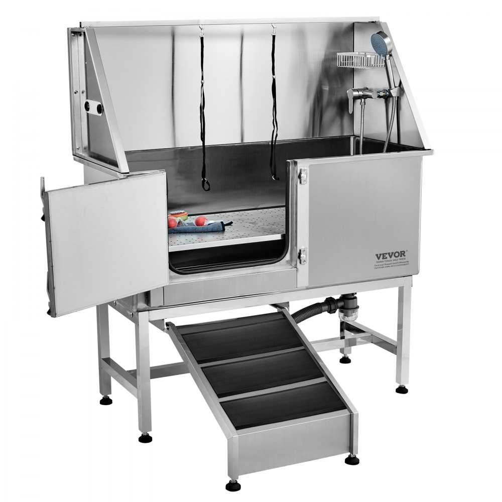 VEVOR Profesjonalna wanna do pielęgnacji psów 1270 mm ze stali nierdzewnej, stanowisko do mycia psów, prysznic do pielęgnacji psów 150 kg, system mycia psów, wanna do pielęgnacji zwierząt z lewymi drzwiami, prysznic dla psów, wanna do mycia