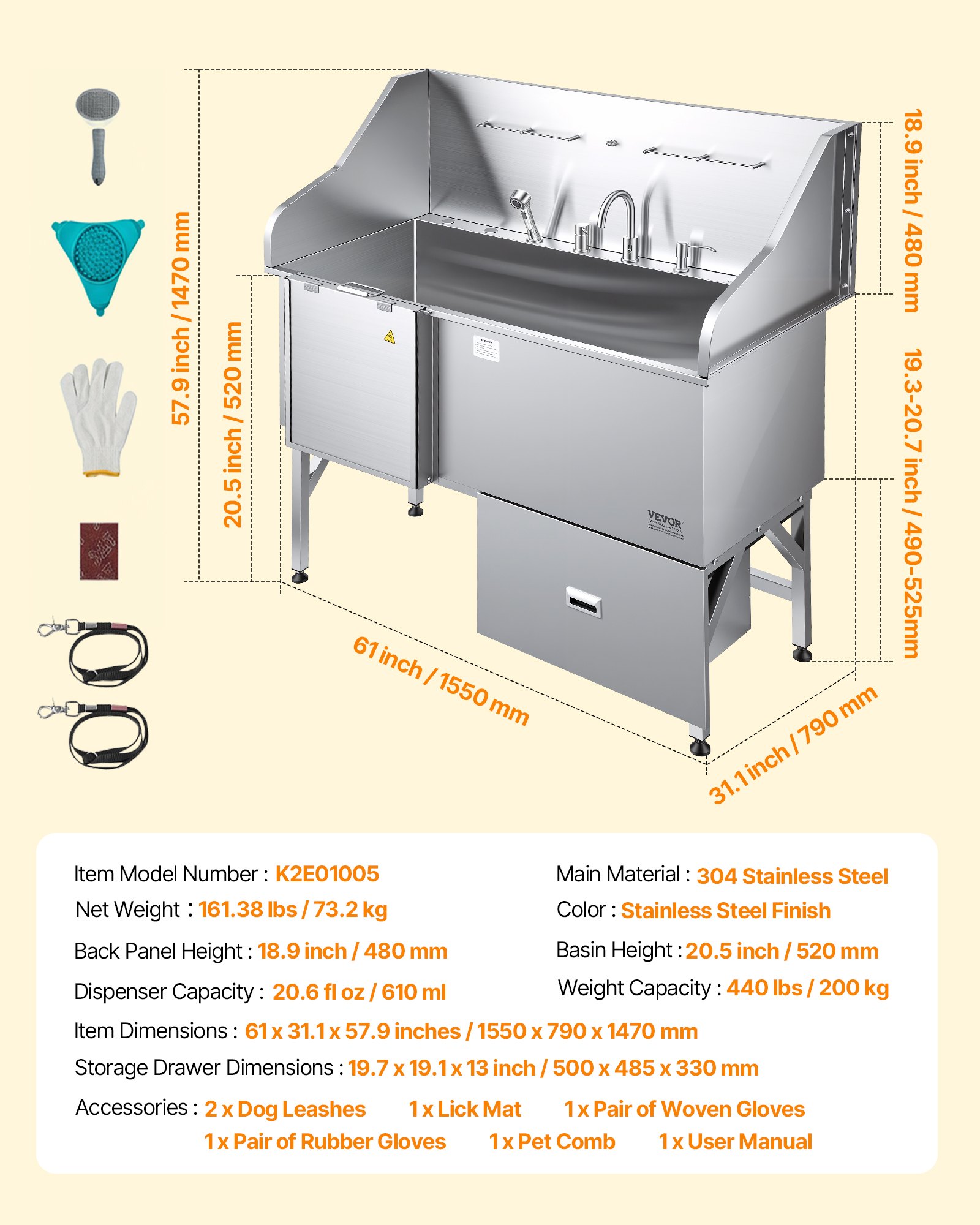 VEVOR Stainless Steel Dog Washing Station, 1550x790x1470 mm Pet Grooming Tub with Ramp, Water Filter Plate, Faucet, Shower Head, Leash, for Large, Medium & Small Pets (Left Door)