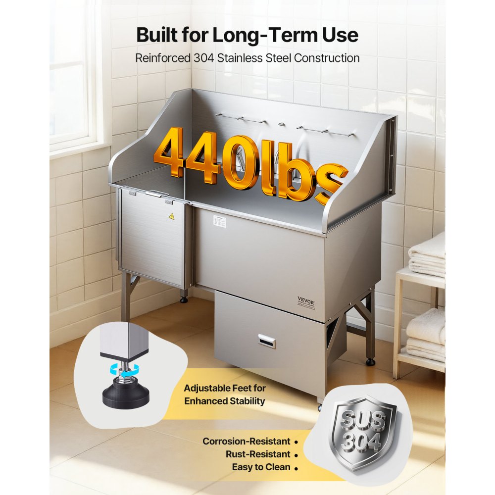 VEVOR Stacja do mycia psów ze stali nierdzewnej, wanna do pielęgnacji psów 1550x790x1470 mm z rampą, płytą filtrującą wodę, kranem, głowicą prysznicową, smyczą, dla dużych, średnich i małych zwierząt (prawe drzwi)