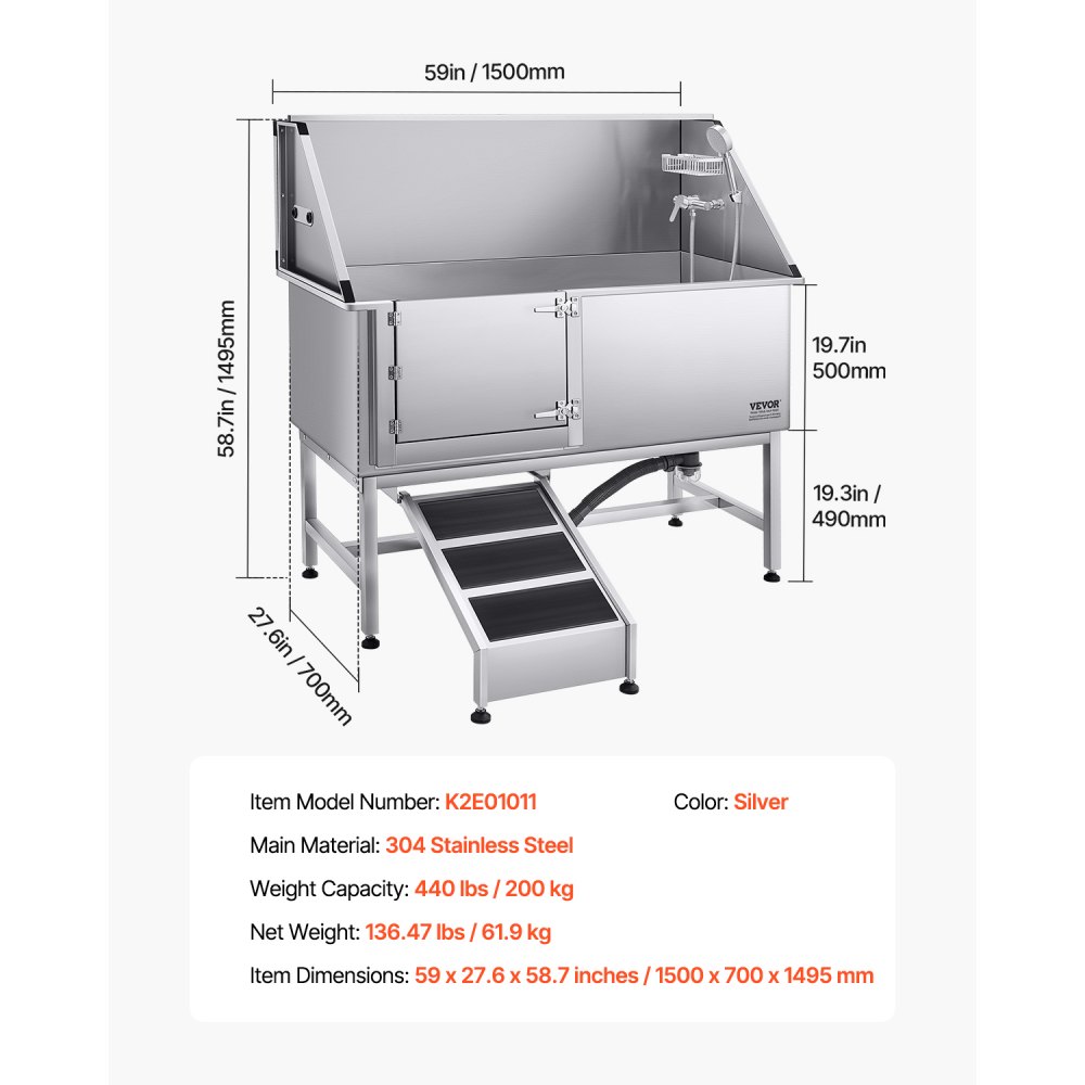 Stacja do mycia psów VEVOR ze stali nierdzewnej, wanna do pielęgnacji zwierząt 1500x700x1495 mm z rampą, płytą filtrującą wodę z PE, kranem, słuchawką prysznicową i uchwytem na mydło, dla dużych, średnich i małych zwierząt (lewe drzwi)