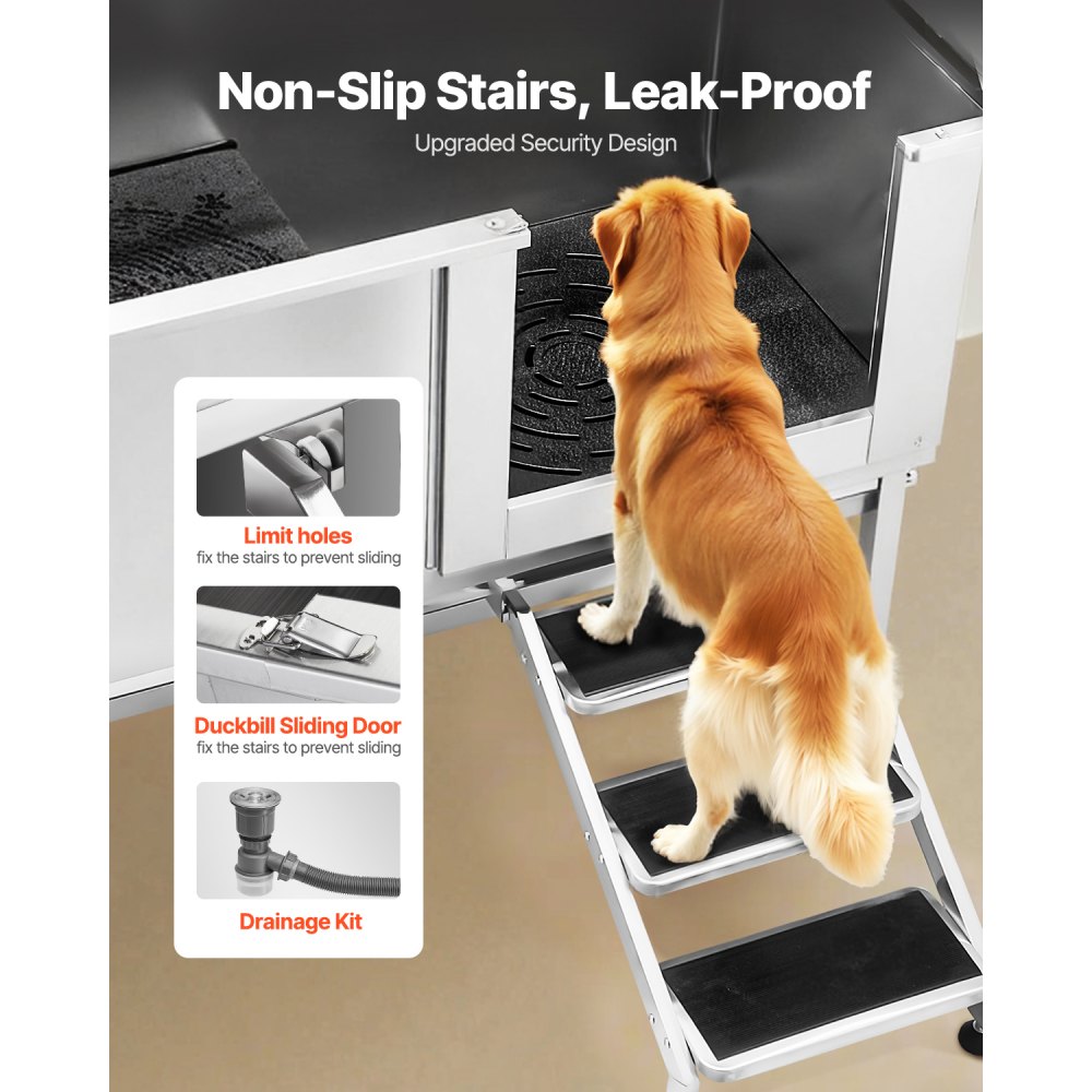 VEVOR Stainless Steel Dog Washing Station, 1500x700x1495 mm Pet Grooming Tub with Steps, PE Water Filter Plate, Faucet, Shower Head & Soap Holder, for Large, Medium & Small Pets (Right Door)