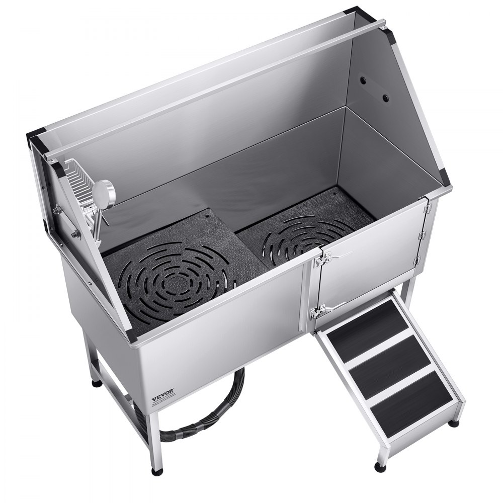 Stacja do mycia psów VEVOR ze stali nierdzewnej, wanna do pielęgnacji zwierząt 1500x700x1495 mm z rampą, płytą filtrującą wodę z PE, kranem, słuchawką prysznicową i uchwytem na mydło, dla dużych, średnich i małych zwierząt (prawe drzwi)