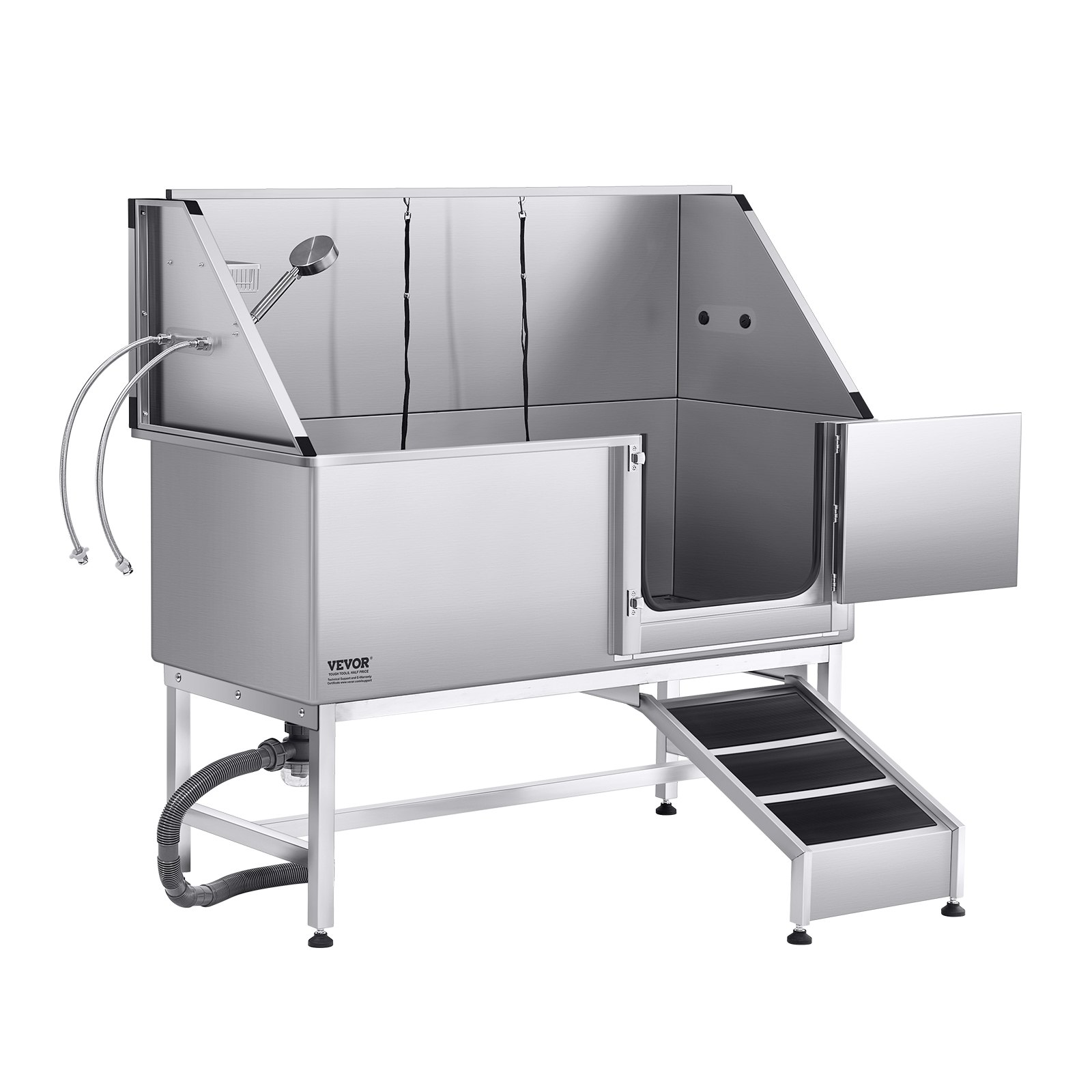 Stacja do mycia psów VEVOR ze stali nierdzewnej, wanna do pielęgnacji zwierząt 1500x700x1495 mm z rampą, płytą filtrującą wodę z PE, kranem, słuchawką prysznicową i uchwytem na mydło, dla dużych, średnich i małych zwierząt (prawe drzwi)
