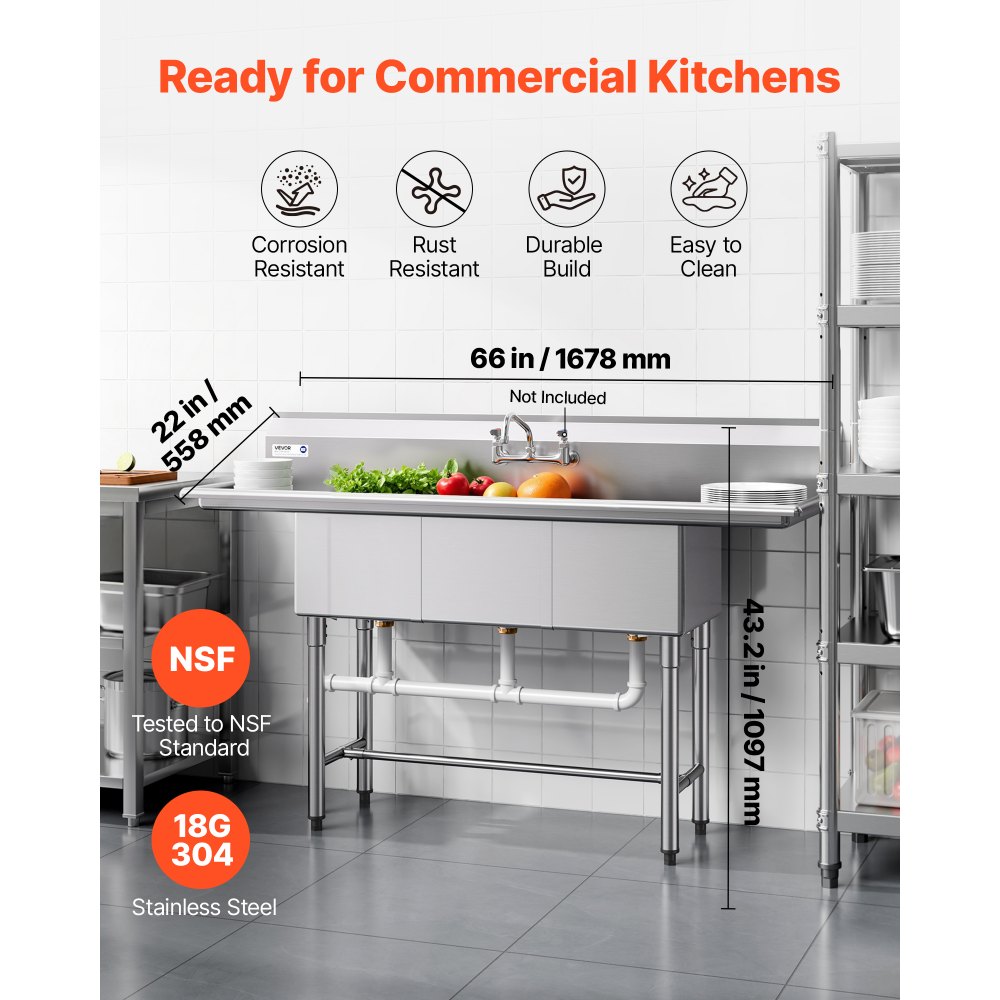 VEVOR 3 Compartment Sink, 18-Gauge 304 Stainless Steel, 356x400x279 mm Bowl Size, 3 Bay Commercial Kitchen Prep & Utility Sink with 2 Drainboards and Backsplash for Restaurant, Food Truck & Home Use