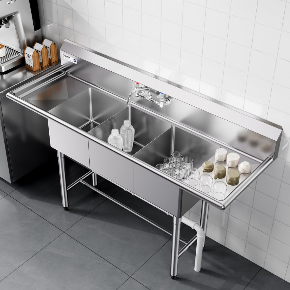 Zlew kuchenny VEVOR 3-komorowy z 2 ociekaczami i osłoną przeciwbryzgową (1678 x 558 x 1097 mm), zlew kuchenny do restauracji, food trucków i użytku prywatnego, ze stali nierdzewnej