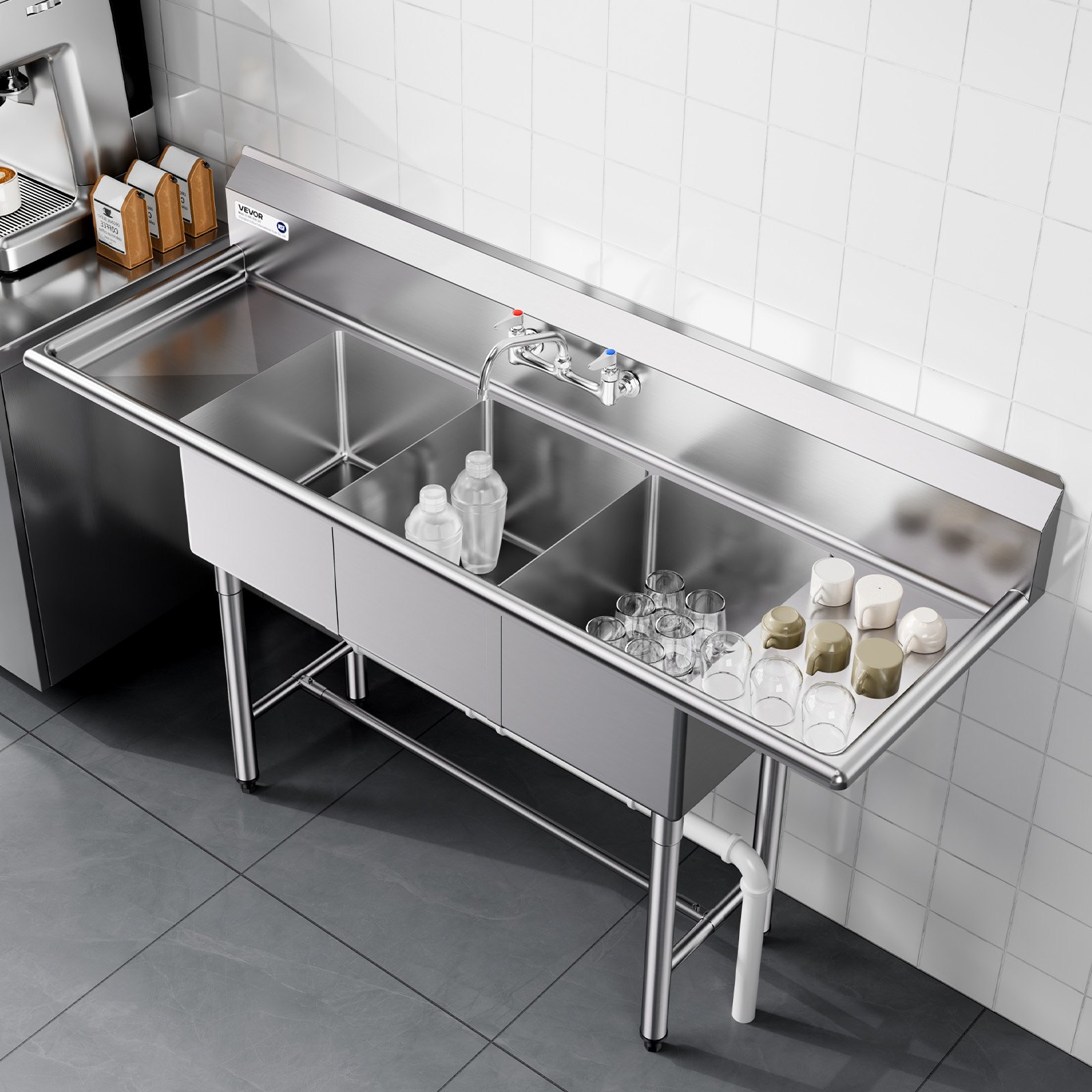 VEVOR 3 Compartment Sink, 18-Gauge 304 Stainless Steel, 356x400x279 mm Bowl Size, 3 Bay Commercial Kitchen Prep & Utility Sink with 2 Drainboards and Backsplash for Restaurant, Food Truck & Home Use