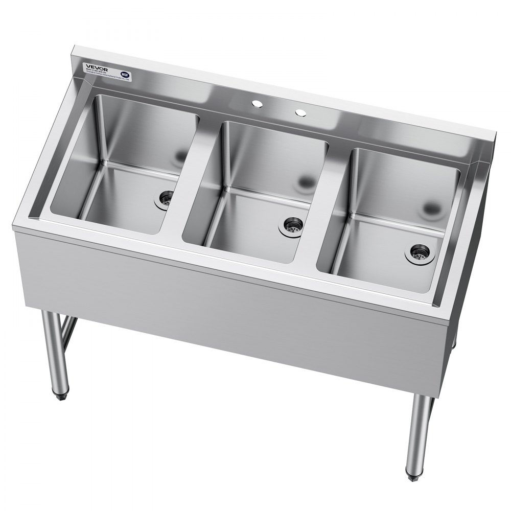 Zlew kuchenny VEVOR 3-komorowy z osłoną przeciwbryzgową i wydajnym odpływem (978 x 470 x 838 mm), odpowiedni do restauracji, food trucków i użytku prywatnego, ze stali nierdzewnej