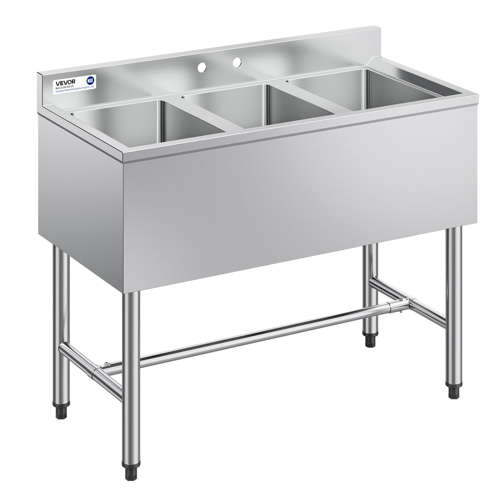 Zlew kuchenny VEVOR 3-komorowy z osłoną przeciwbryzgową i wydajnym odpływem (978 x 470 x 838 mm), odpowiedni do restauracji, food trucków i użytku prywatnego, ze stali nierdzewnej