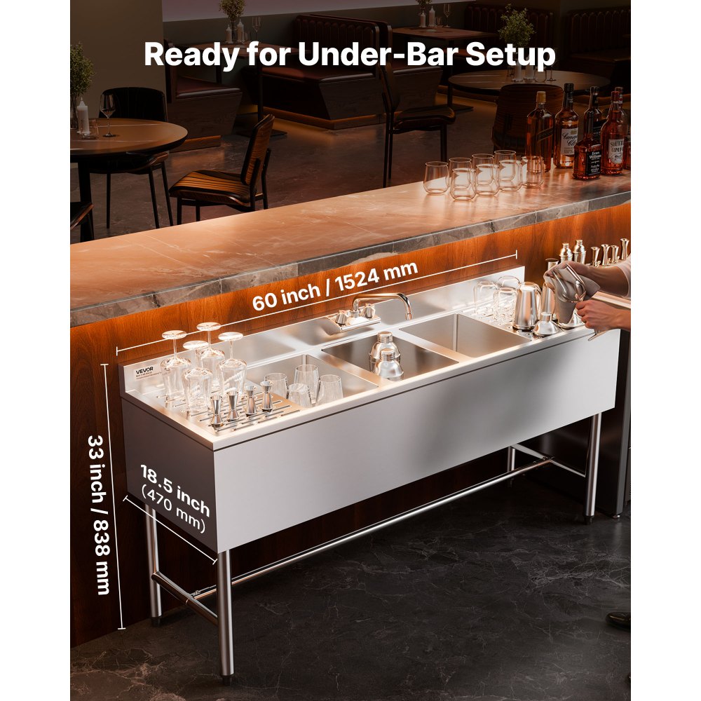 VEVOR 3 Compartment Sink, 18-Gauge 304 Stainless Steel, 254x356x254 mm Bowl Size, 3 Bay Commercial Under Bar Sink with Double Drainboard and Backsplash for Kitchen, Restaurant, Food Truck & Home Use
